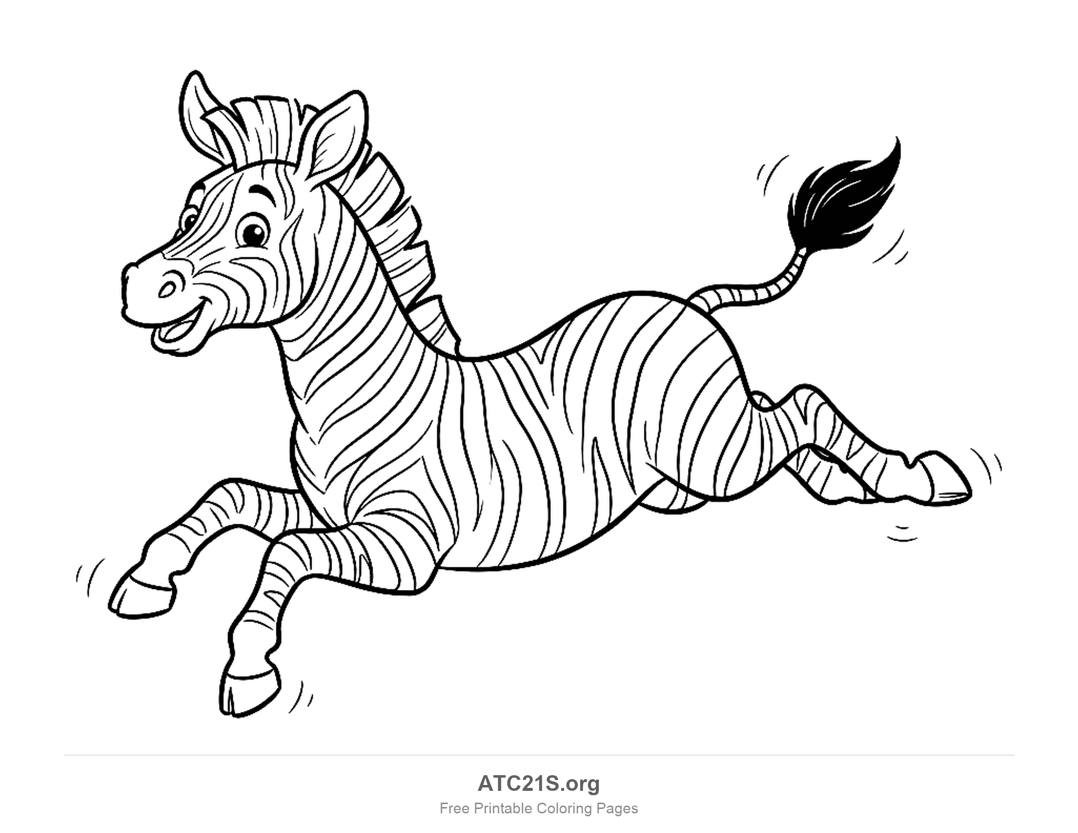Happy zebra leaping through the air with front legs tucked, rear legs stretched and tail flying, coloring page for kids