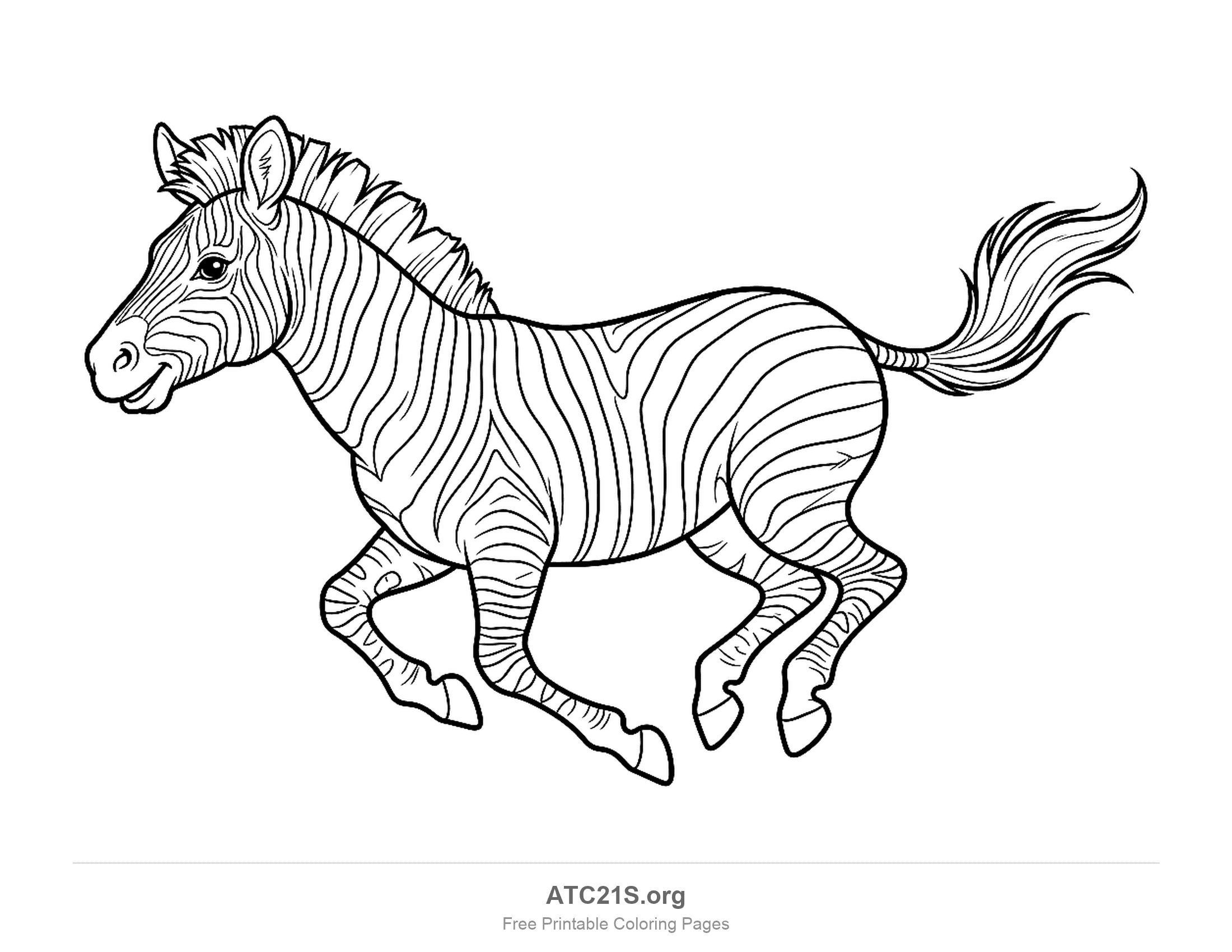 Zebra galloping with a flowing mane and tail and many fine body stripes, detailed coloring page for older kids