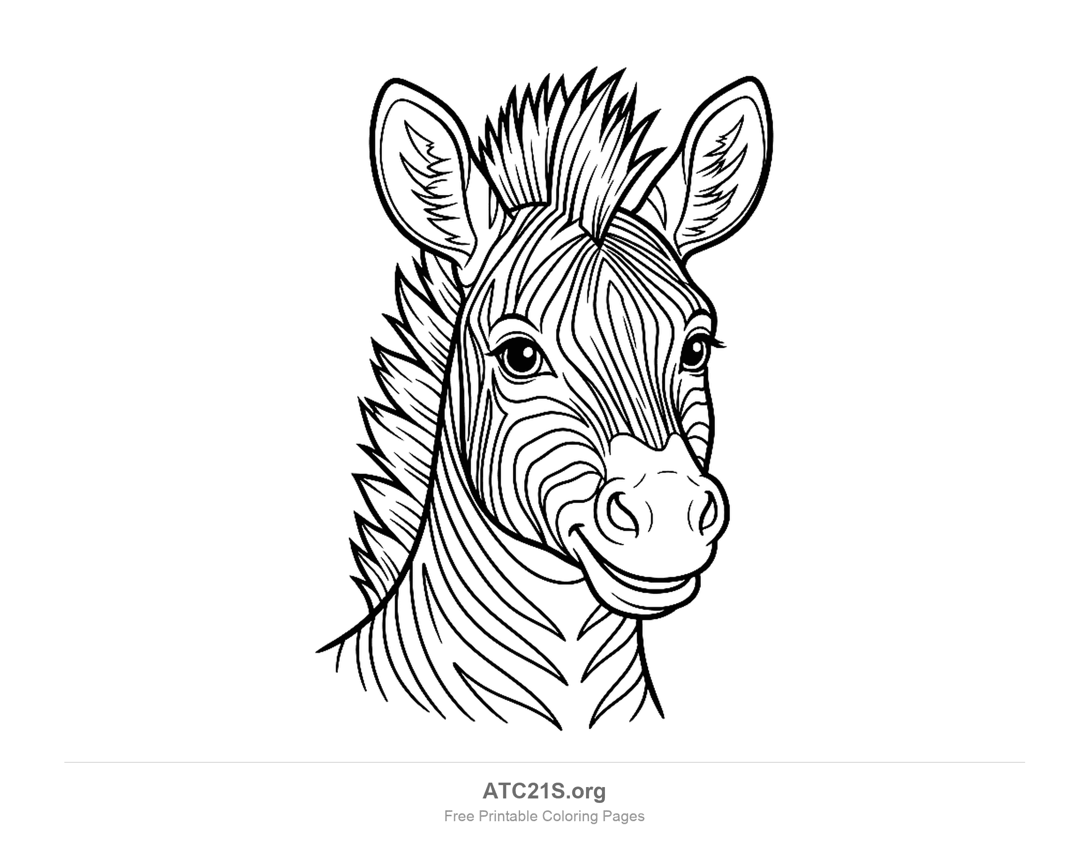 Close-up zebra head looking slightly to the side with a spiky mane, inner ear detail and densely striped face, detailed coloring page for older kids