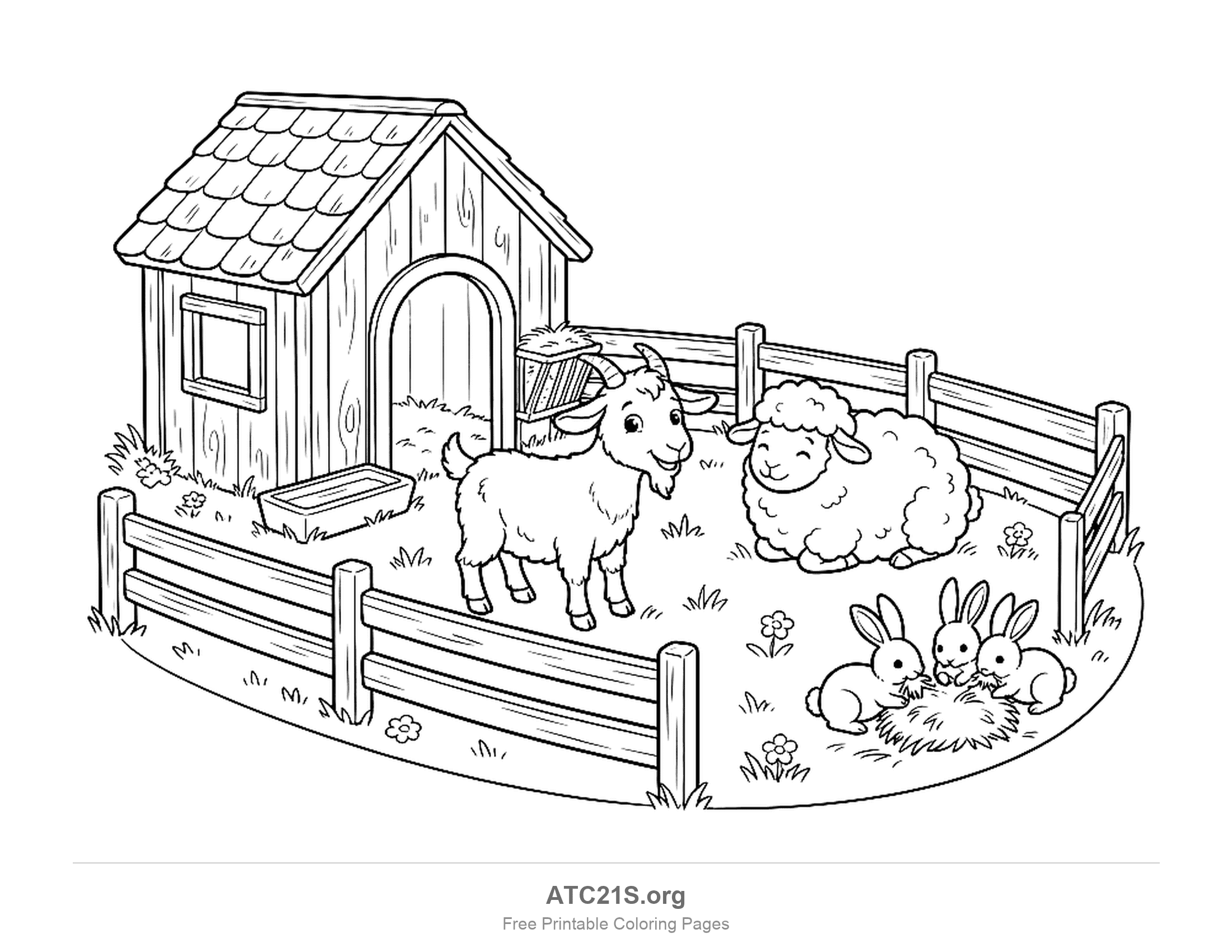 Petting zoo with a wooden shed, a standing goat, a fluffy sitting sheep and three rabbits eating hay inside a rail fence, simple coloring page for preschoolers