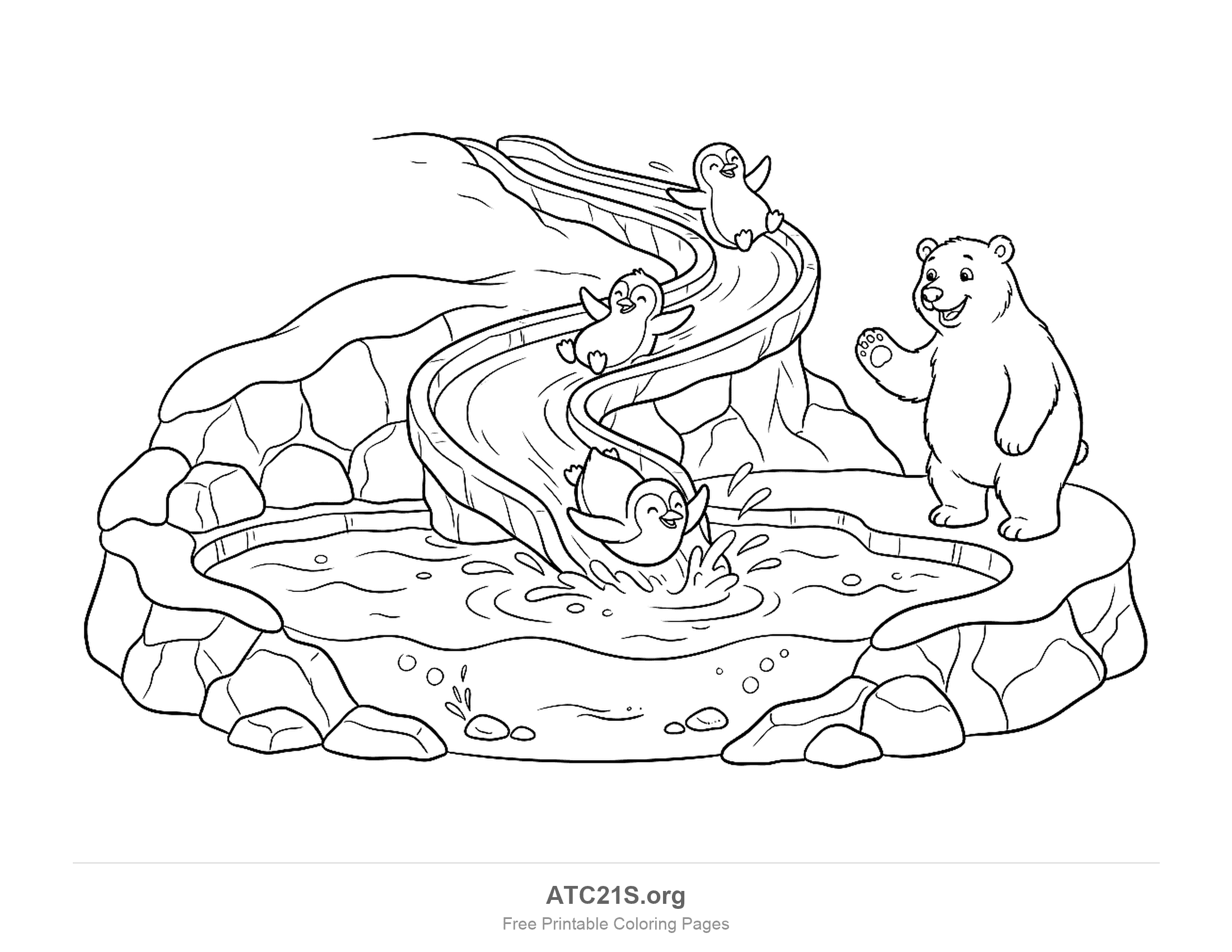 Three penguins sliding down a winding ice slide into a pool while a polar bear stands on the rocks and waves, printable zoo coloring page