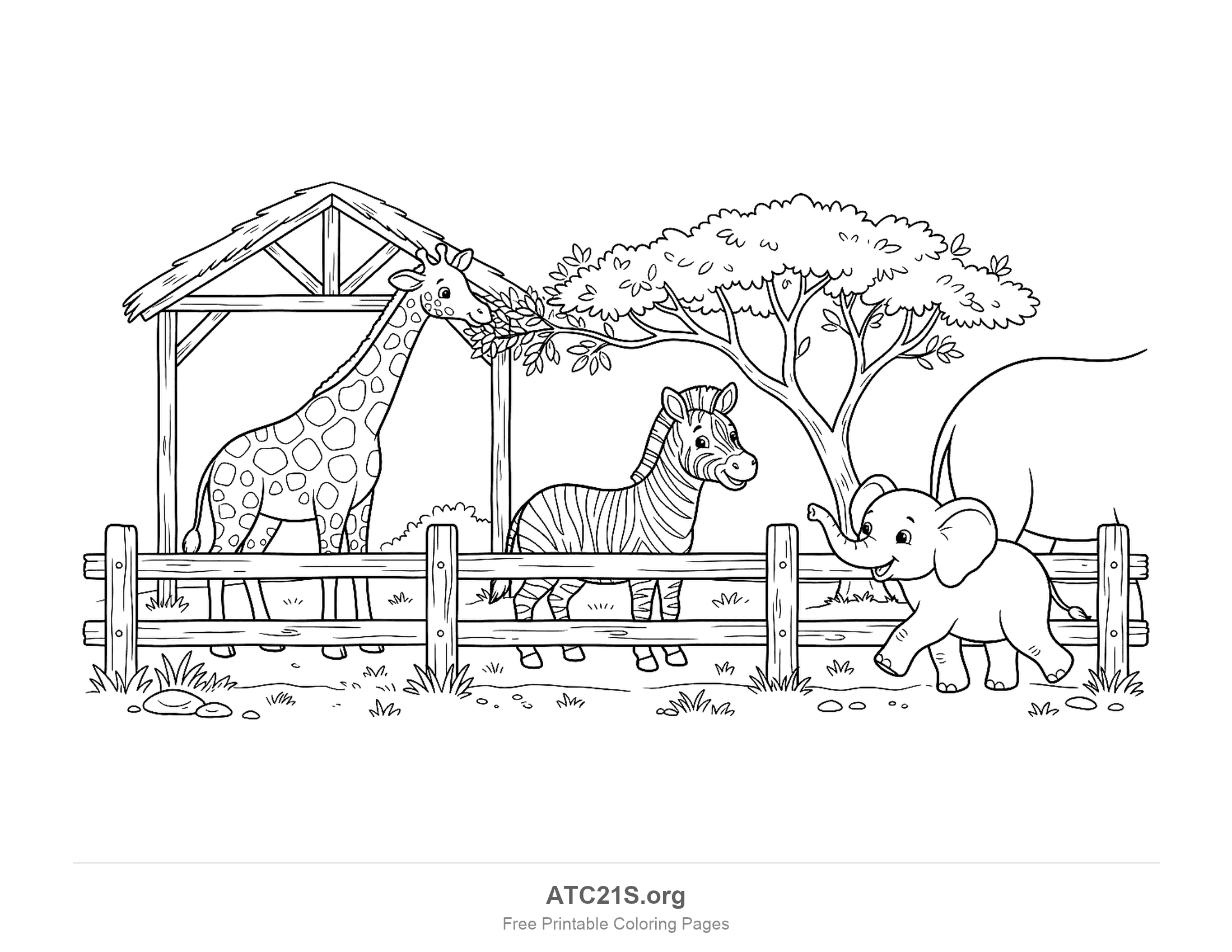 Zoo savanna enclosure with a giraffe eating leaves under a shelter, a smiling zebra and a baby elephant walking past a wooden fence, coloring page for kids