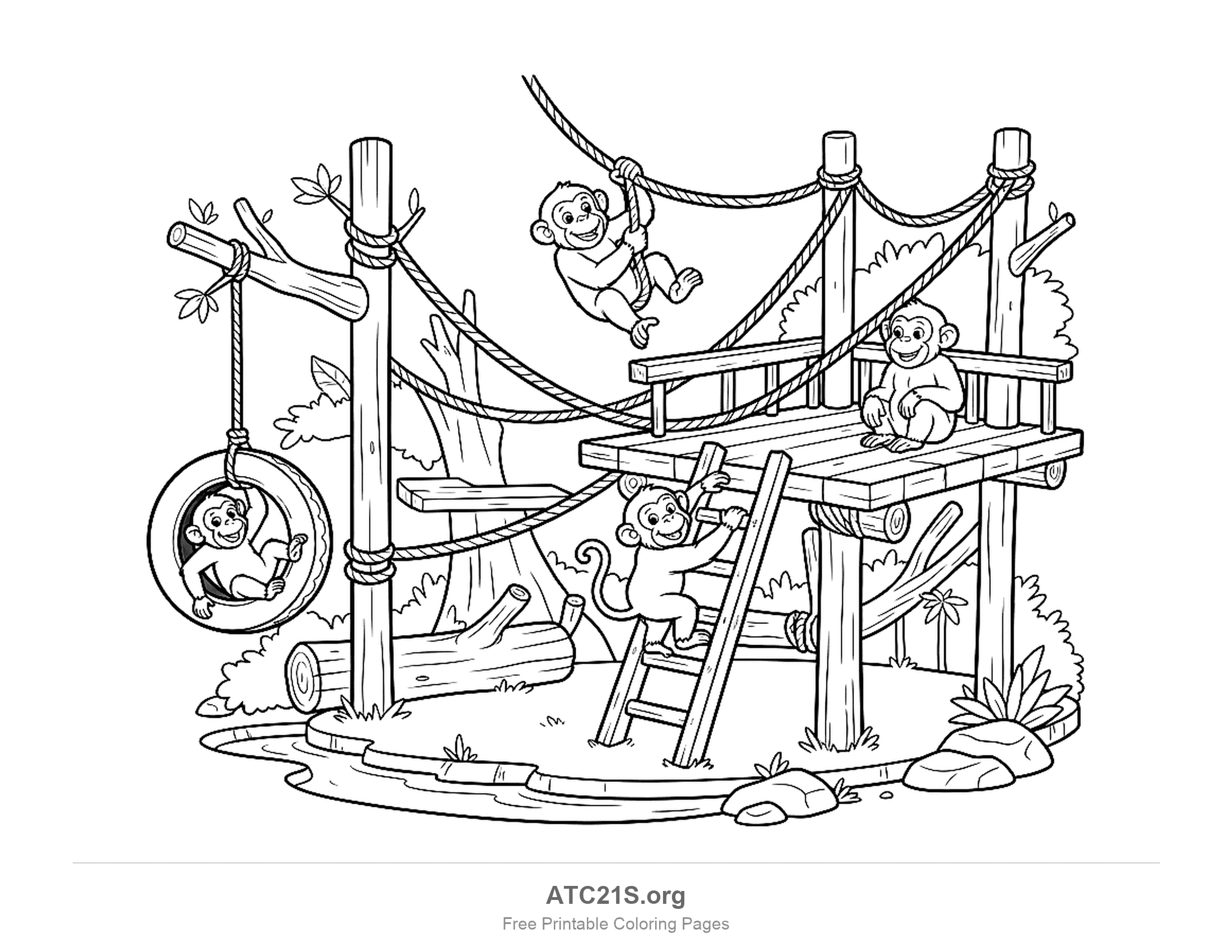 Four monkeys on a wooden playground — one in a tire swing, one climbing a rope, one on a ladder and one sitting on a platform, coloring page