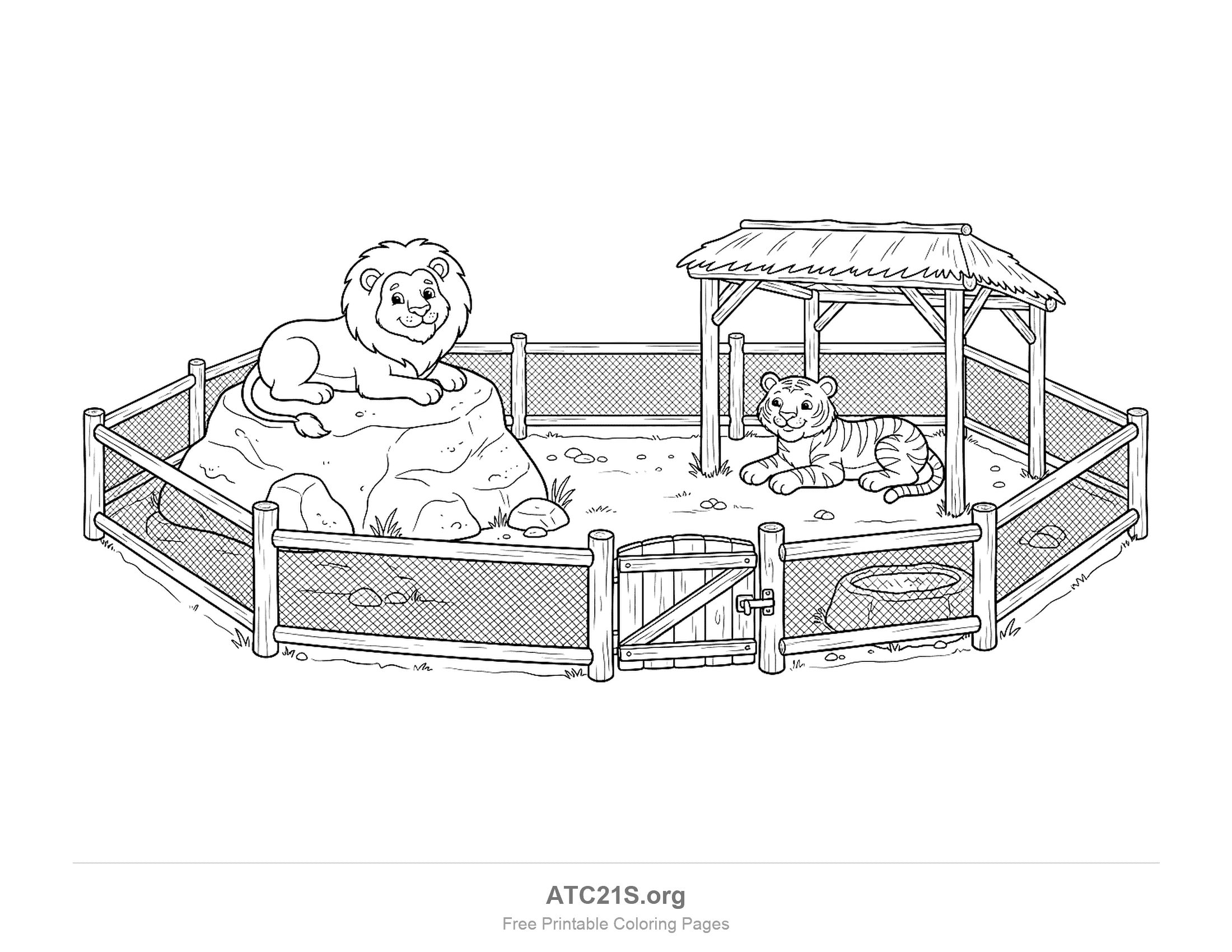 Lion lying on a rock and a tiger lying under a thatched shelter inside a chain-link zoo enclosure, coloring page