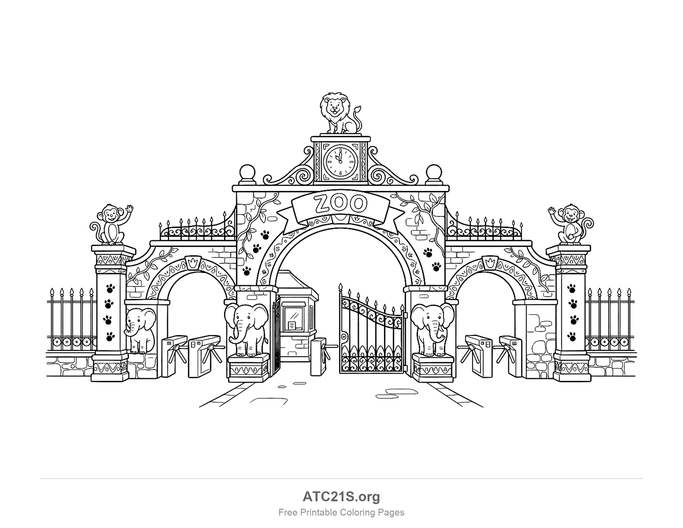 Grand zoo entrance with a ZOO banner, a clock topped by a sitting lion, waving monkeys on the pillars, elephant statues, iron gates and turnstiles, coloring page for older kids