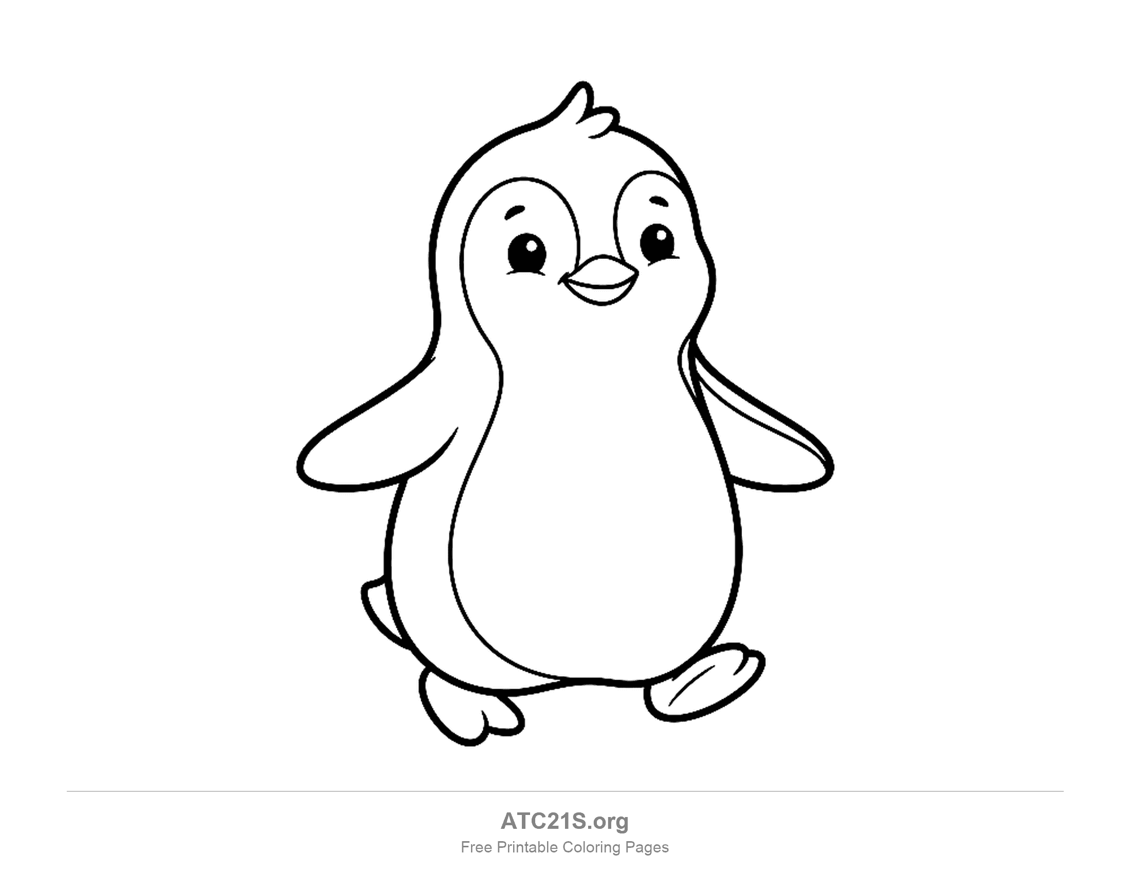 Cute cartoon penguin waddling with flippers out and one foot lifted, simple coloring page for preschoolers