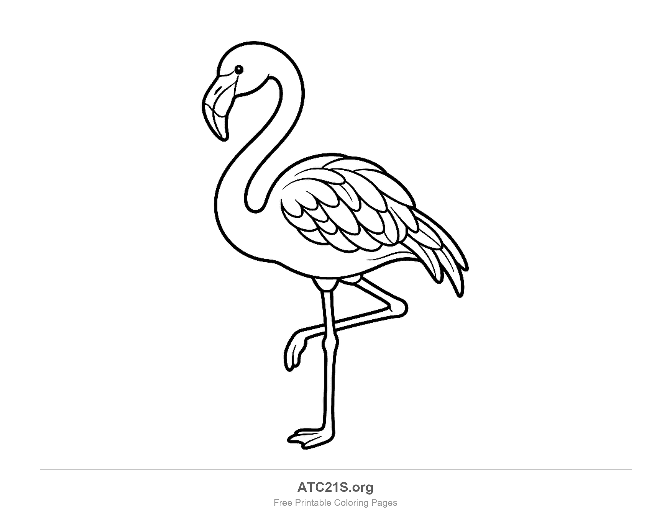 Flamingo standing on one leg with a curved neck and layered wing feathers, coloring page to print