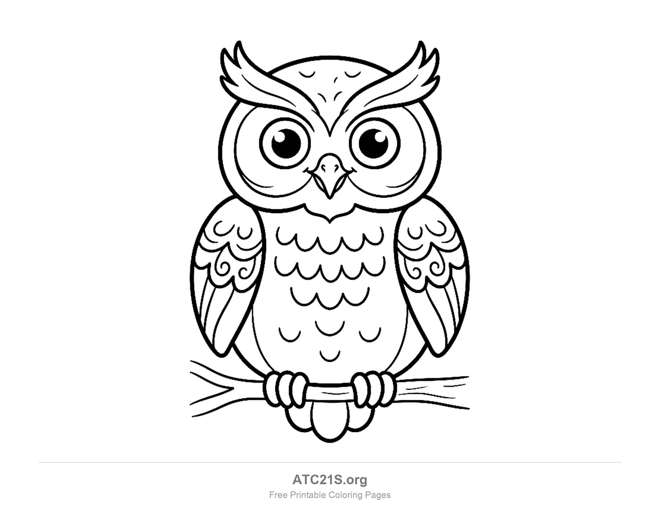 Wide-eyed owl perched on a branch with ear tufts, scalloped chest feathers and swirl-patterned wings, coloring page