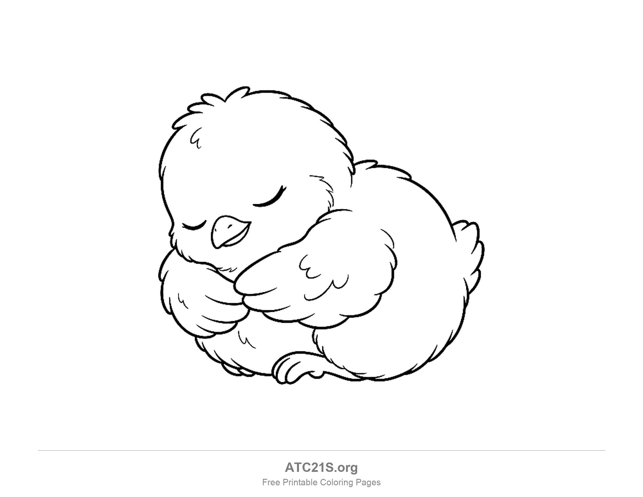 Cute chick sleeping curled up with eyes closed and wings folded over its body, simple coloring page for preschoolers