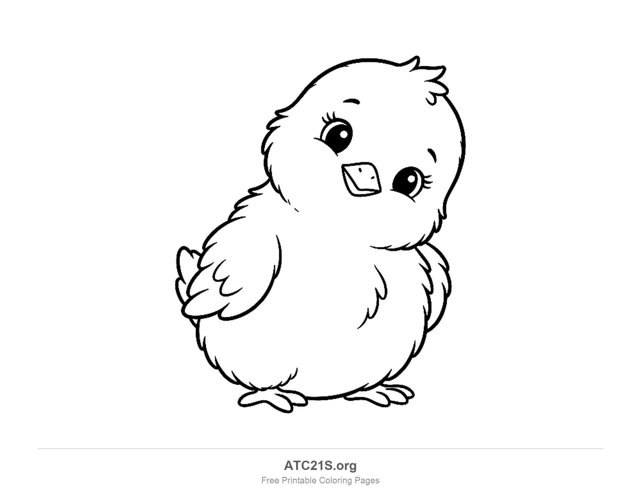 Cute chick standing with its head tilted to one side, big eyes with eyelashes and a small folded wing, coloring page for kids