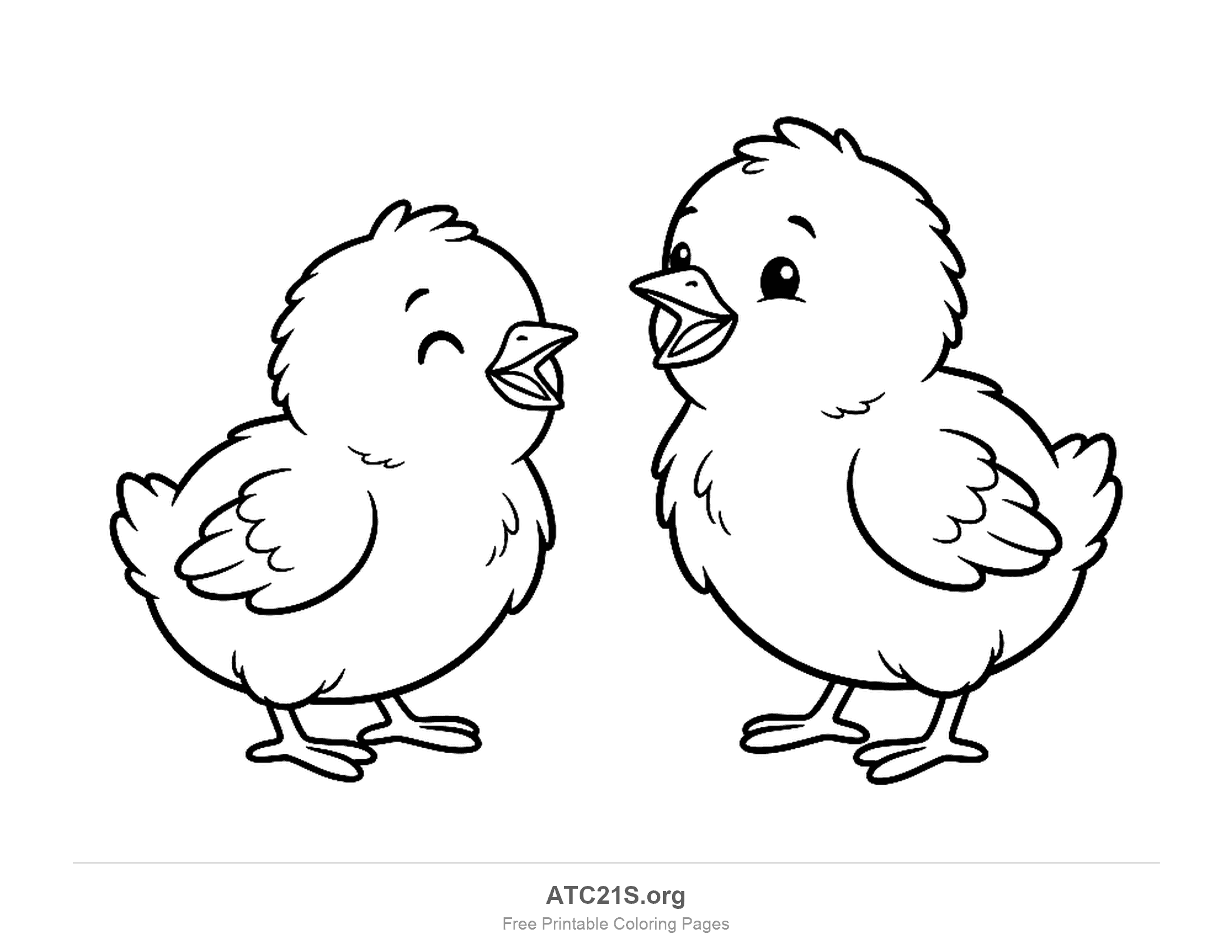 Two chicks facing each other with beaks open as if chirping, one with closed happy eyes, coloring page to print