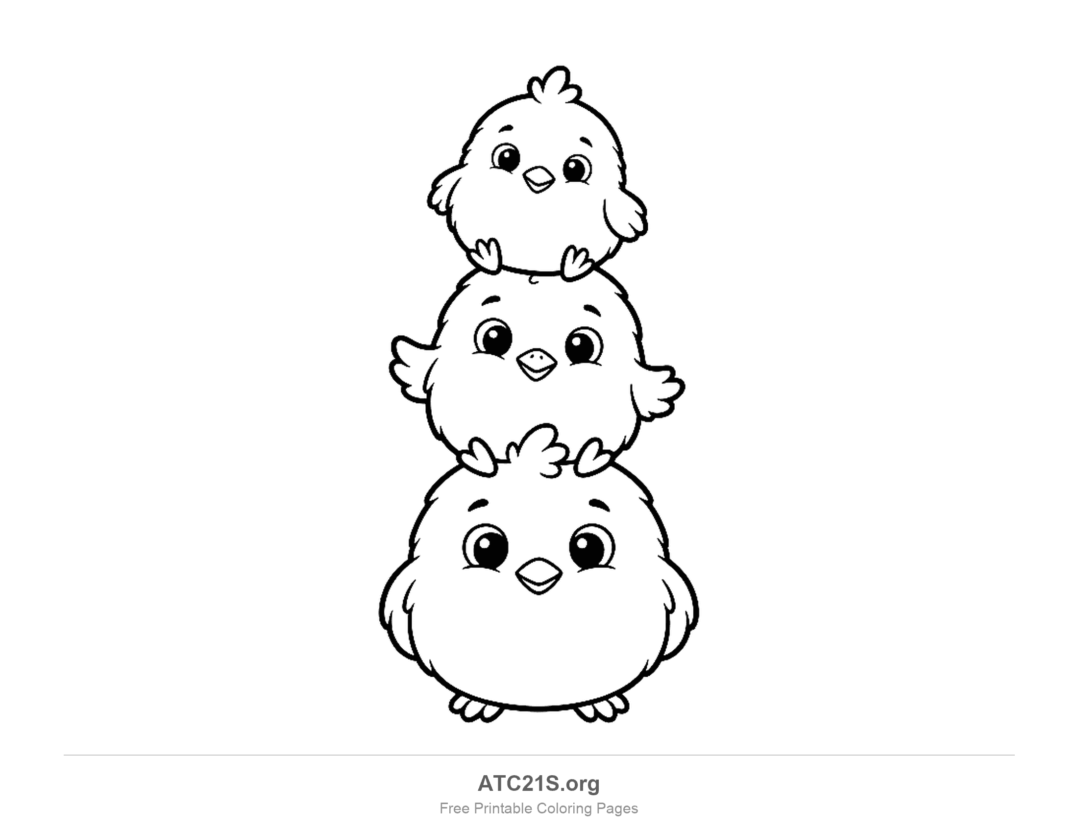 Three round chicks stacked in a tower, the biggest at the bottom and the smallest on top, coloring page