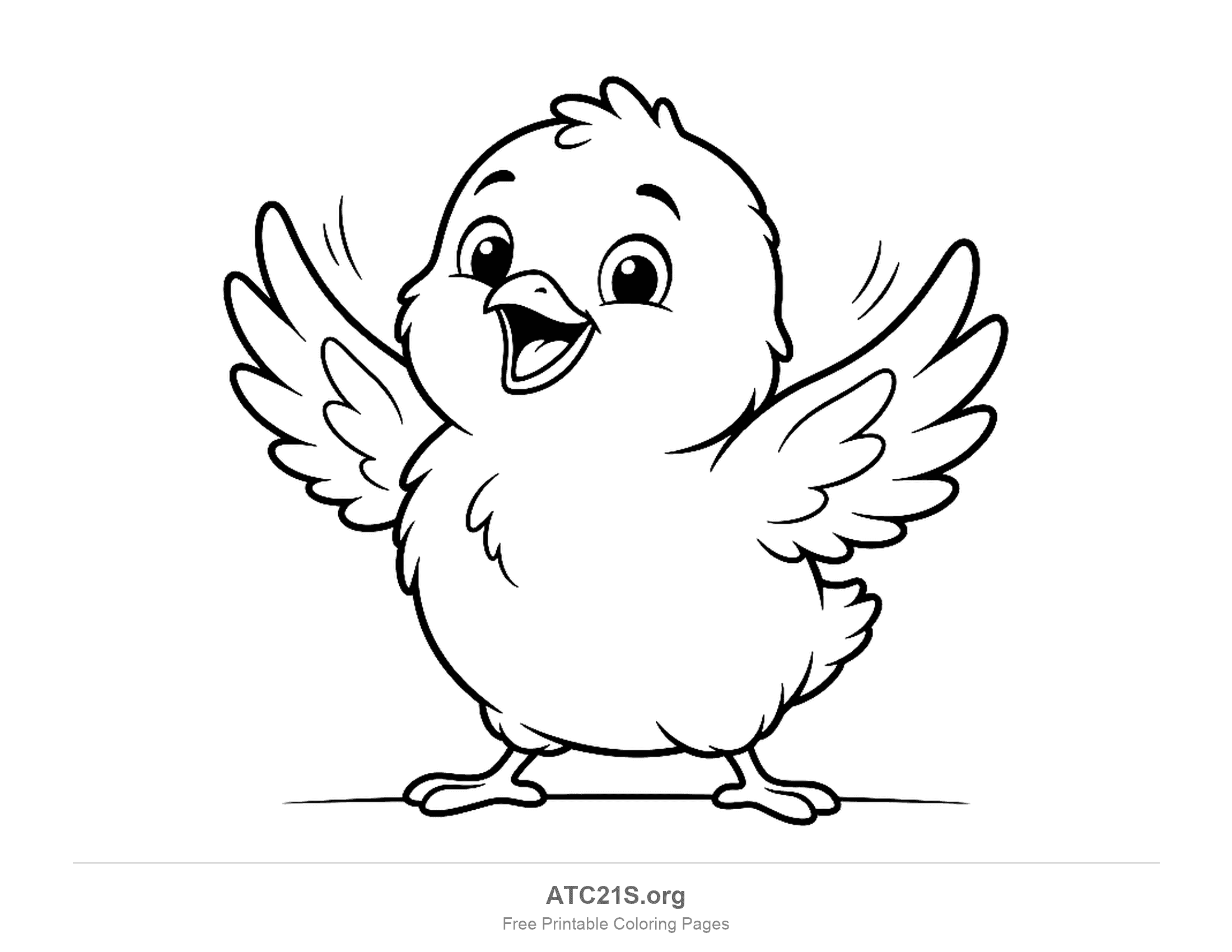 Happy chick standing with both wings spread and individual flight feathers drawn in, detailed coloring page for older kids