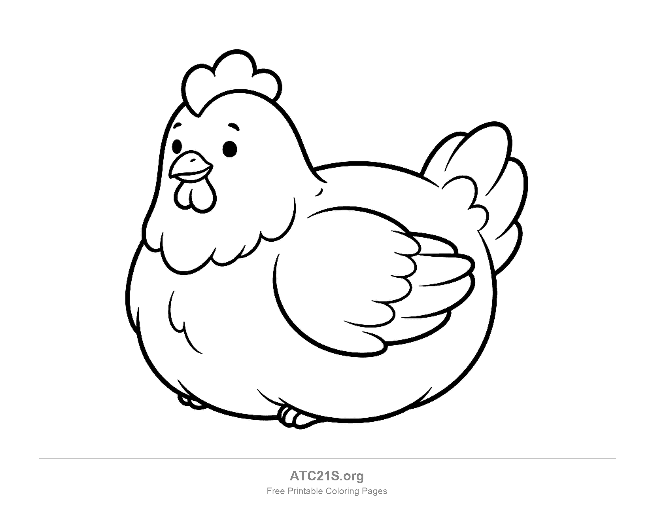 Round cartoon hen sitting with a folded wing and a small comb, simple coloring page for preschoolers
