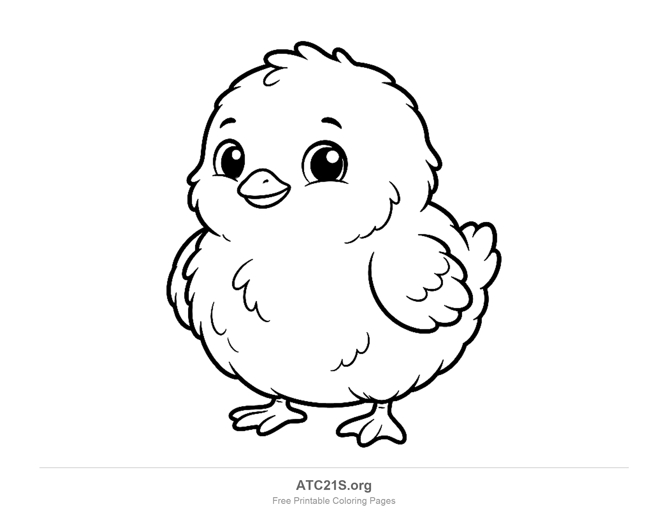 Fluffy baby chick standing with big eyes, a small wing and a tuft of down, cute coloring page for kids