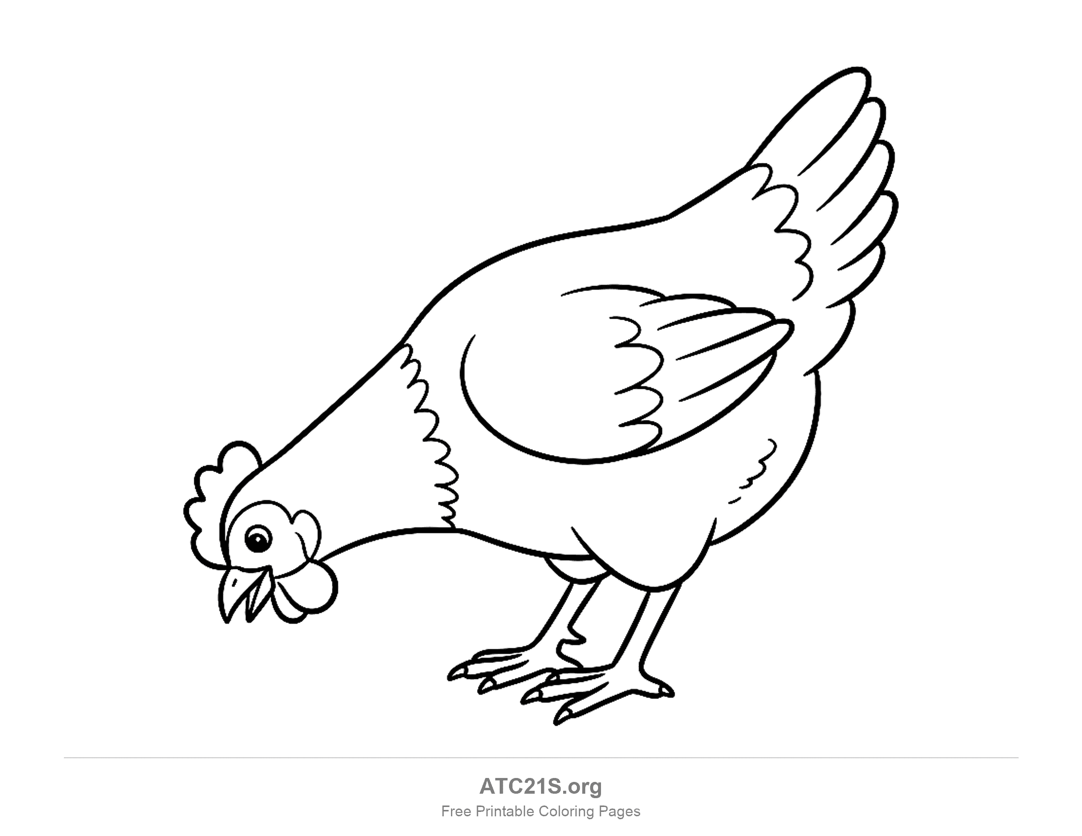 Hen pecking the ground in side view with a folded wing and raised tail, printable coloring page