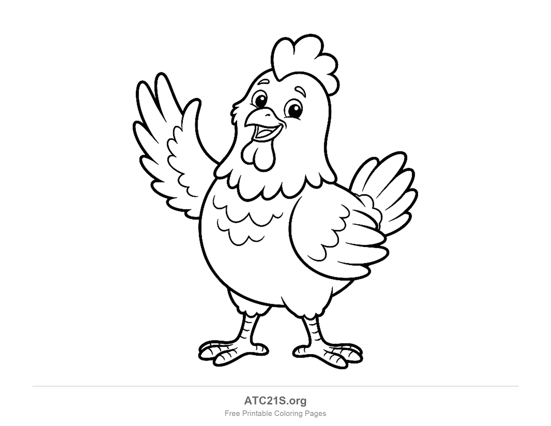 Friendly cartoon chicken standing and waving one wing, easy coloring page for kids