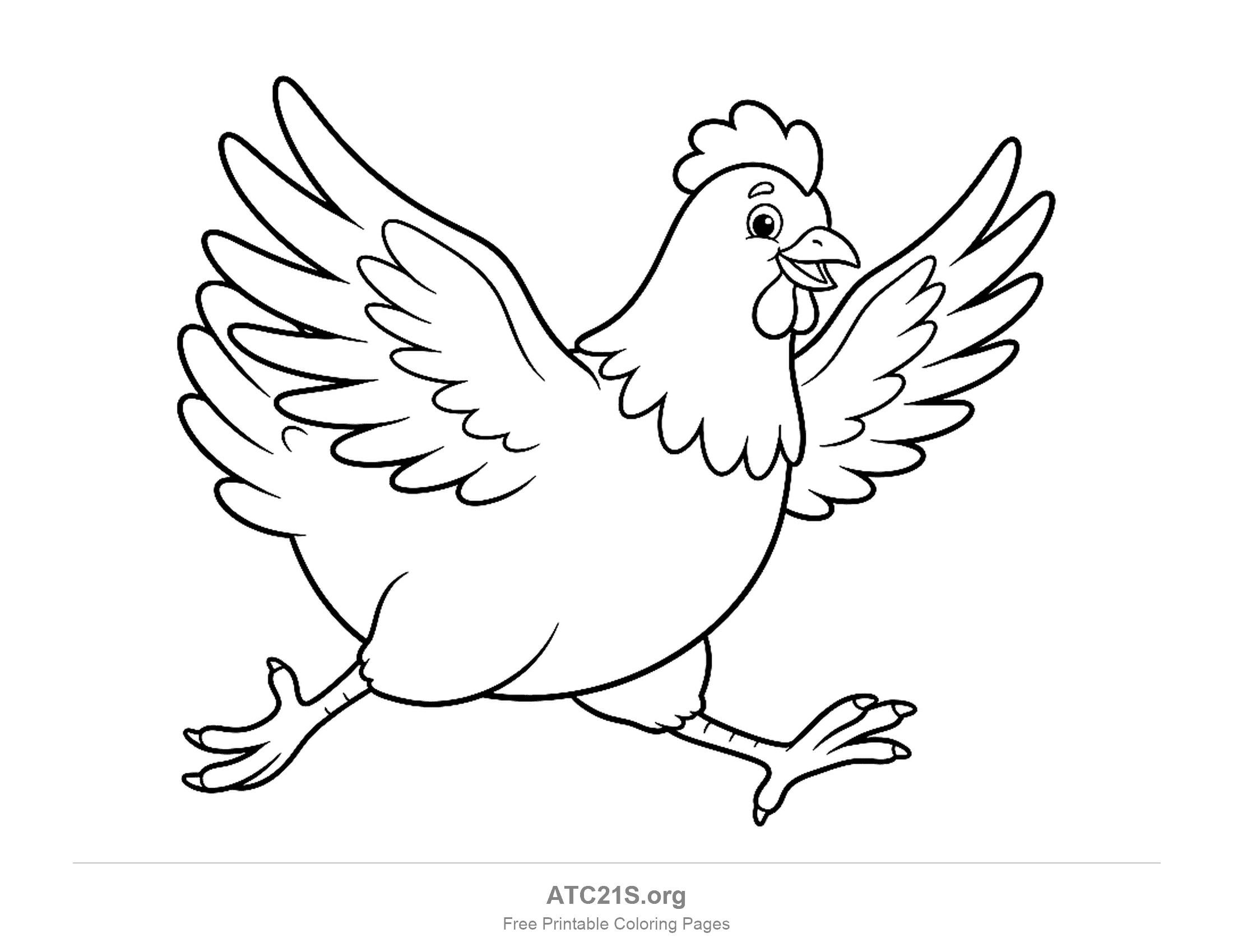 Chicken running with both wings spread wide and legs stretched out, coloring page to print