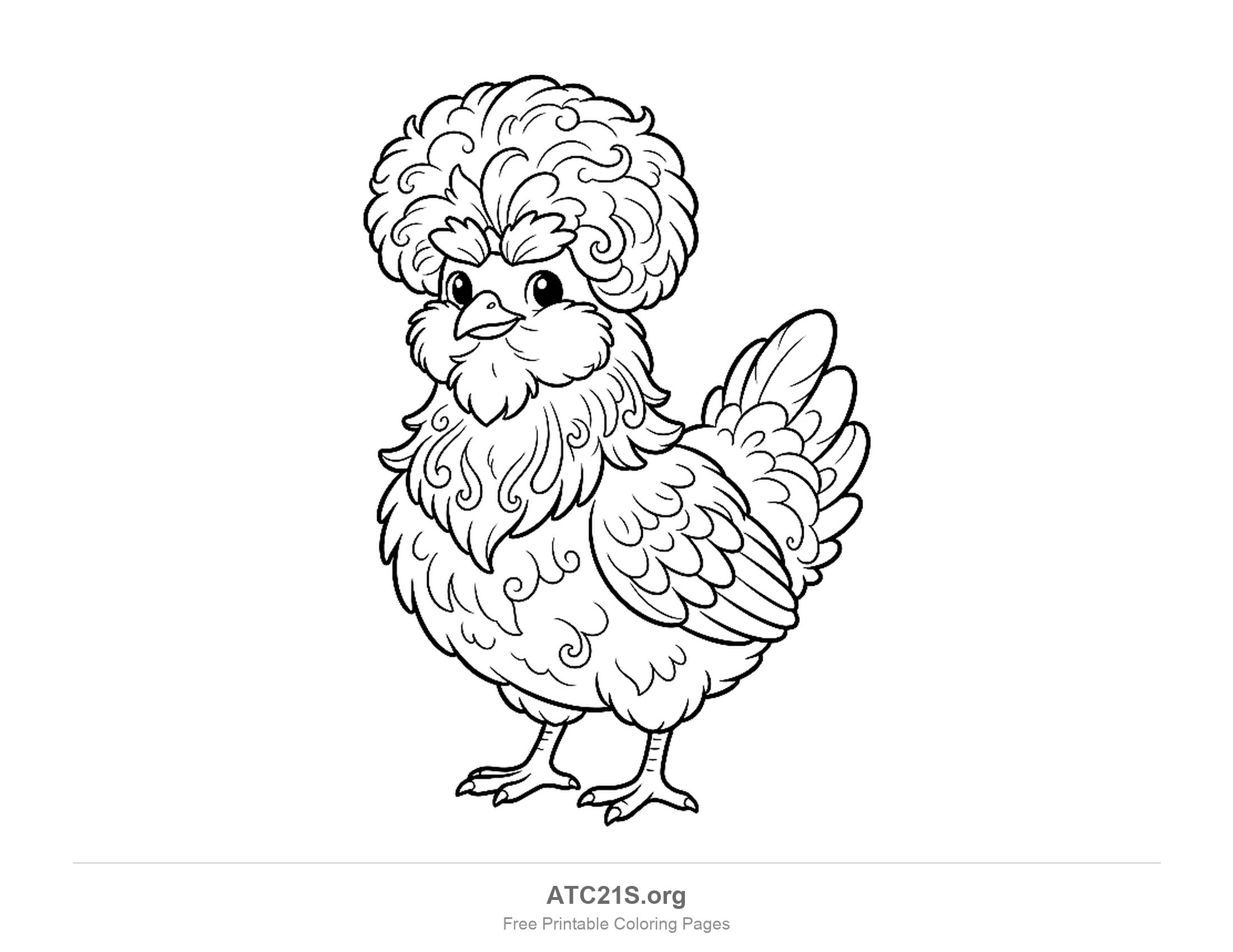 Polish chicken standing with a big curly feather crest and swirl-patterned chest, detailed coloring page for older kids