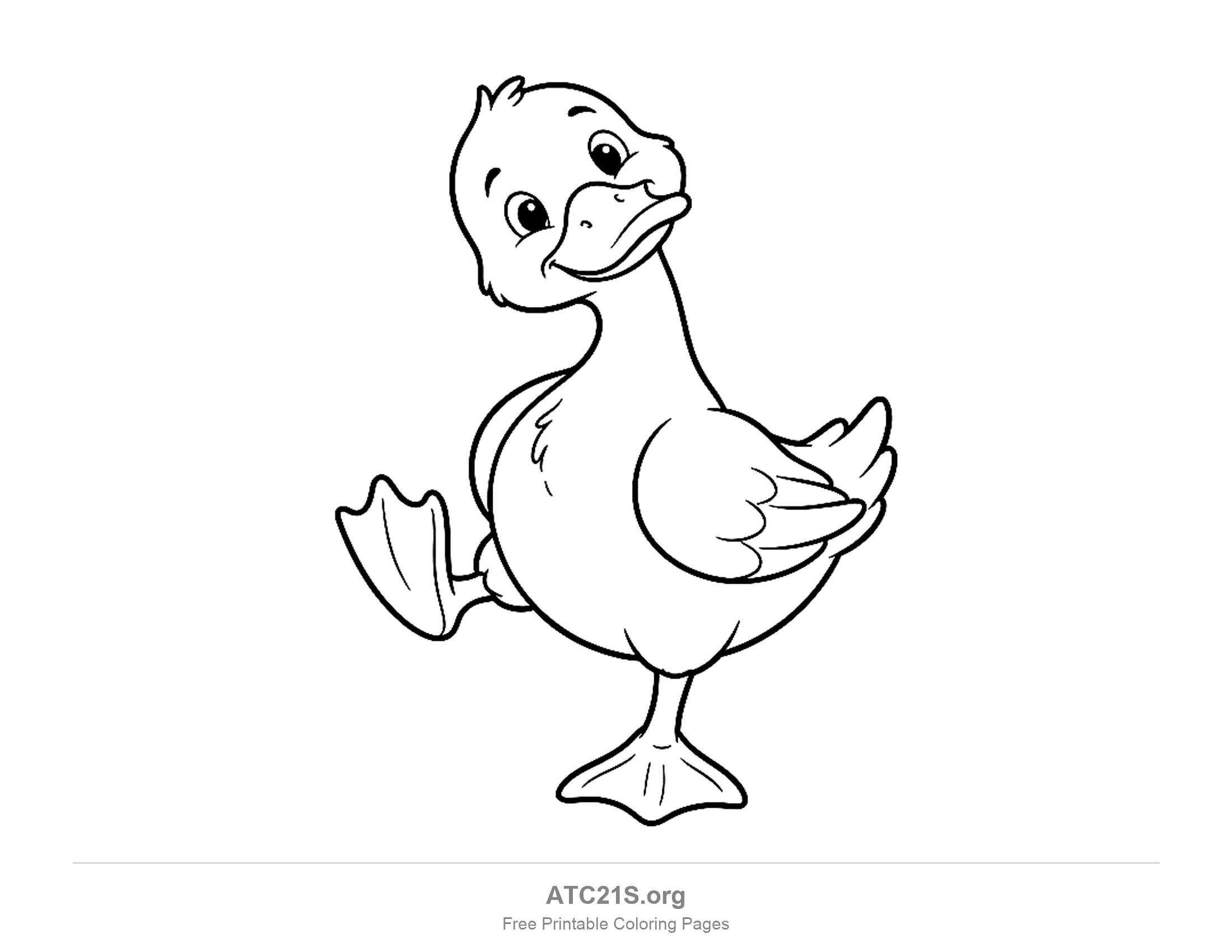 Cute cartoon duck standing on one foot with the other foot lifted and its head tilted up, simple coloring page for preschoolers