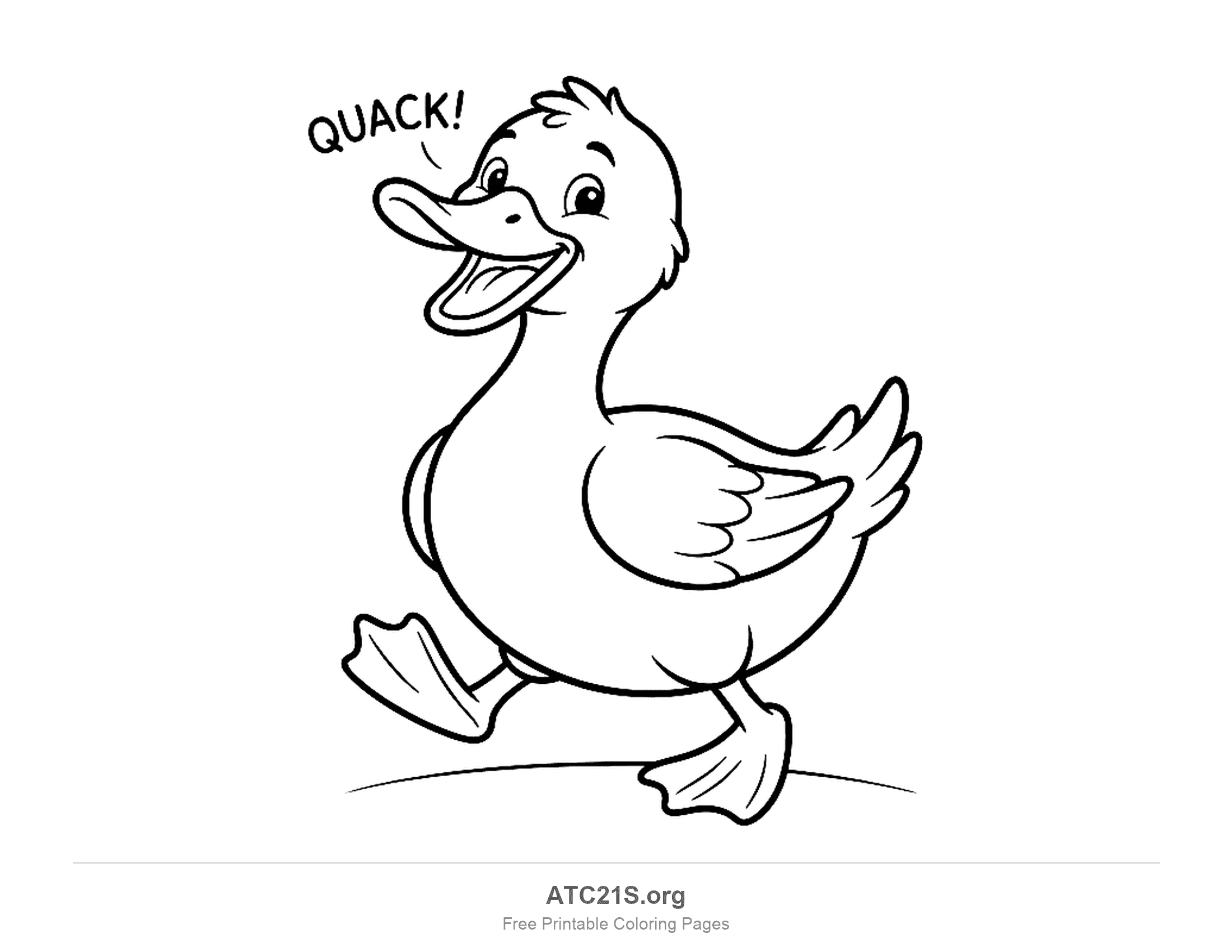 Smiling cartoon duck waddling with its beak open and the word QUACK above it, printable coloring page