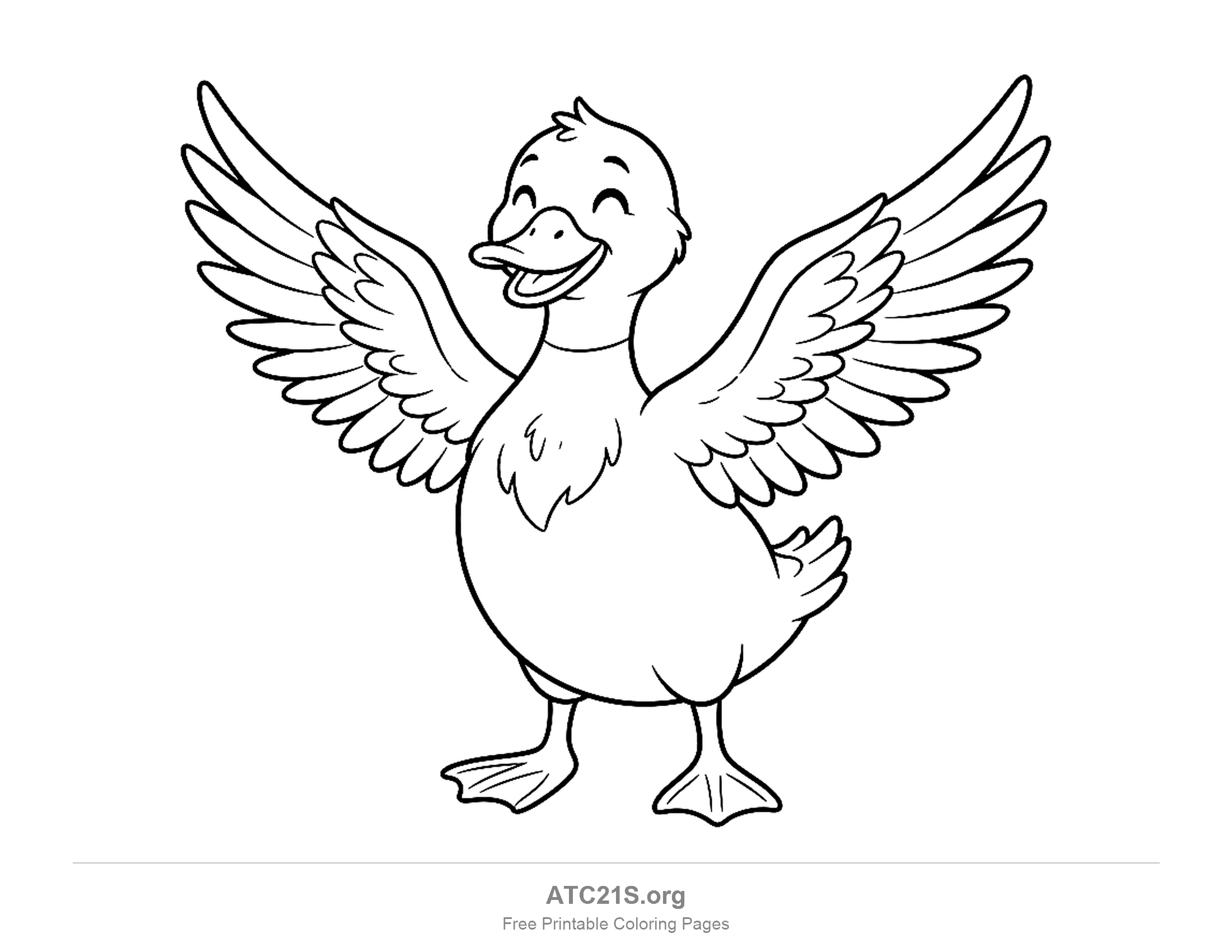 Happy duck standing with both wings spread wide and individual feathers showing, coloring page to print