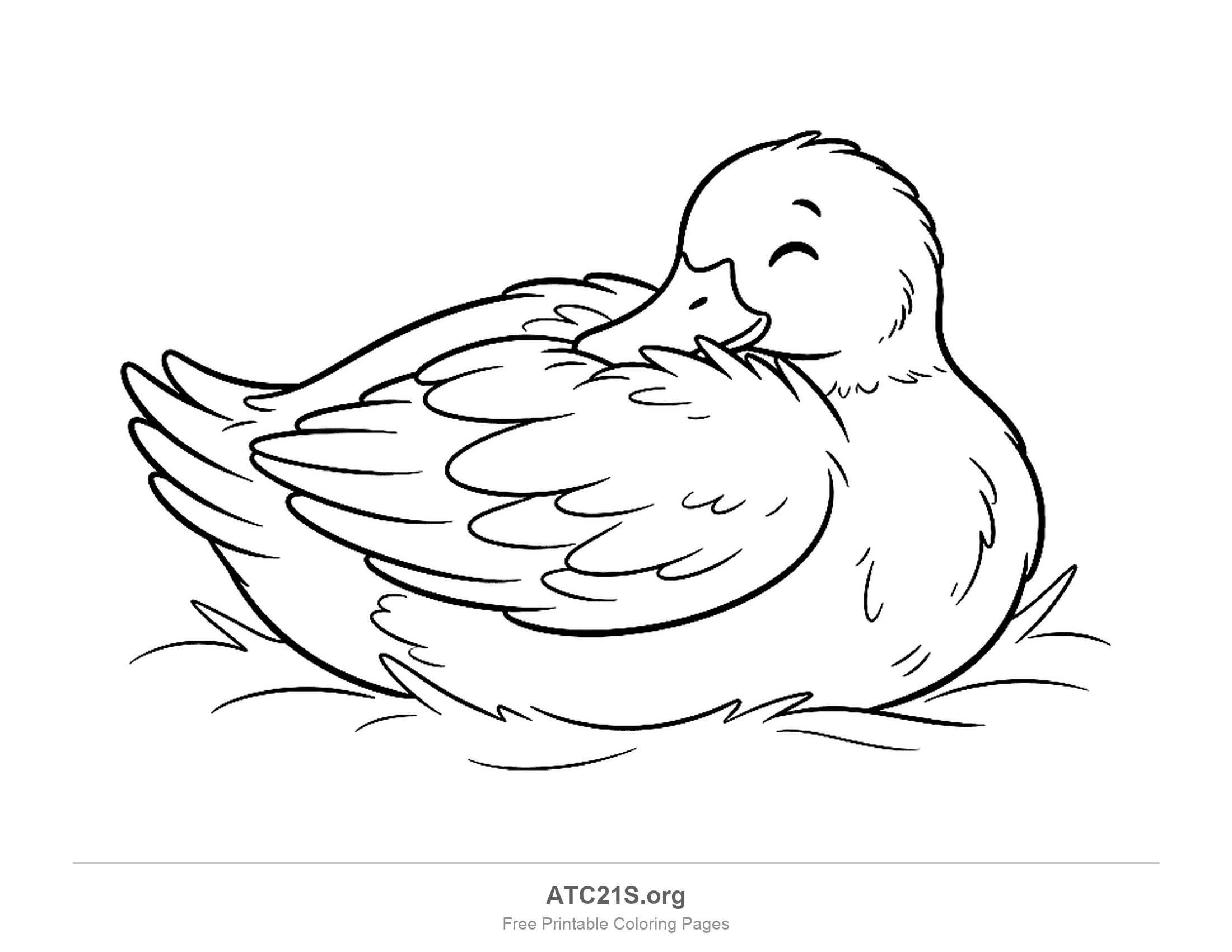 Sleeping duck tucked into its wing on a nest of grass, with closed eyes and a smile, detailed coloring page