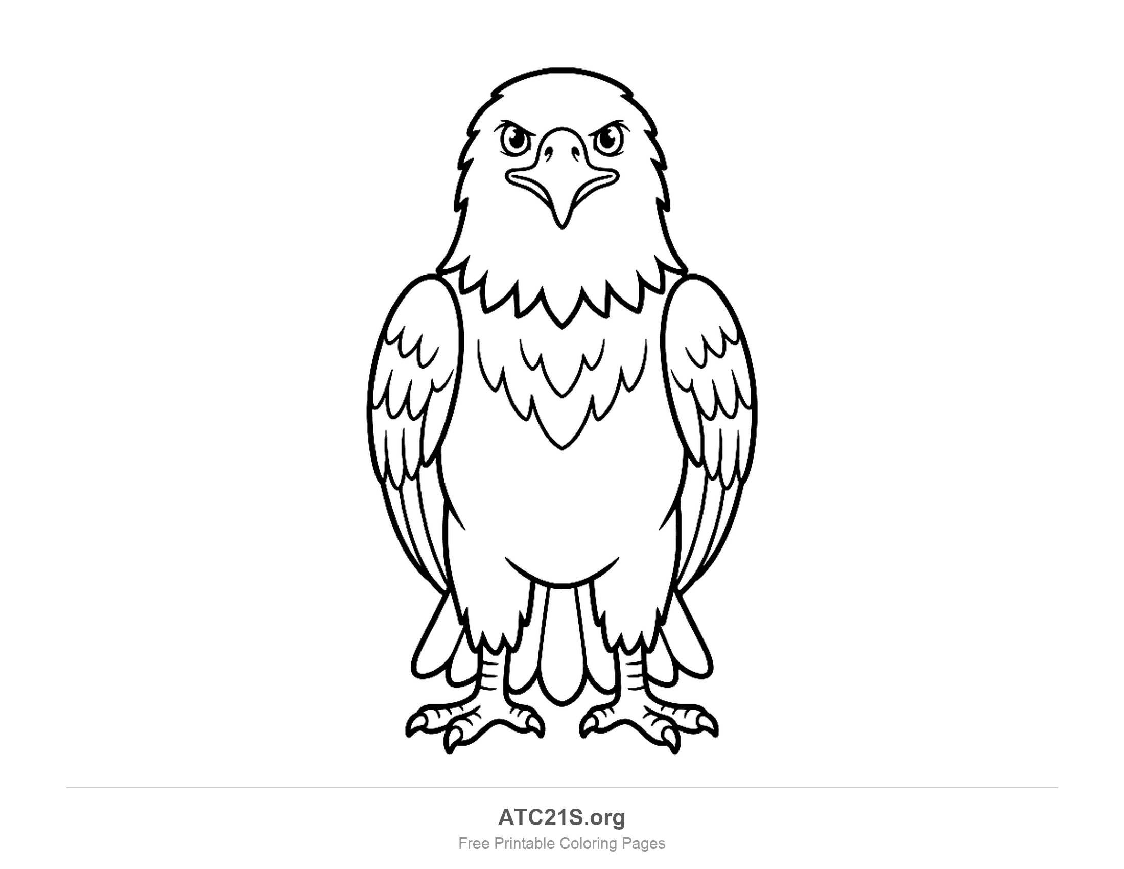 Cartoon eagle standing straight on facing forward with wings folded at its sides, simple coloring page for preschoolers