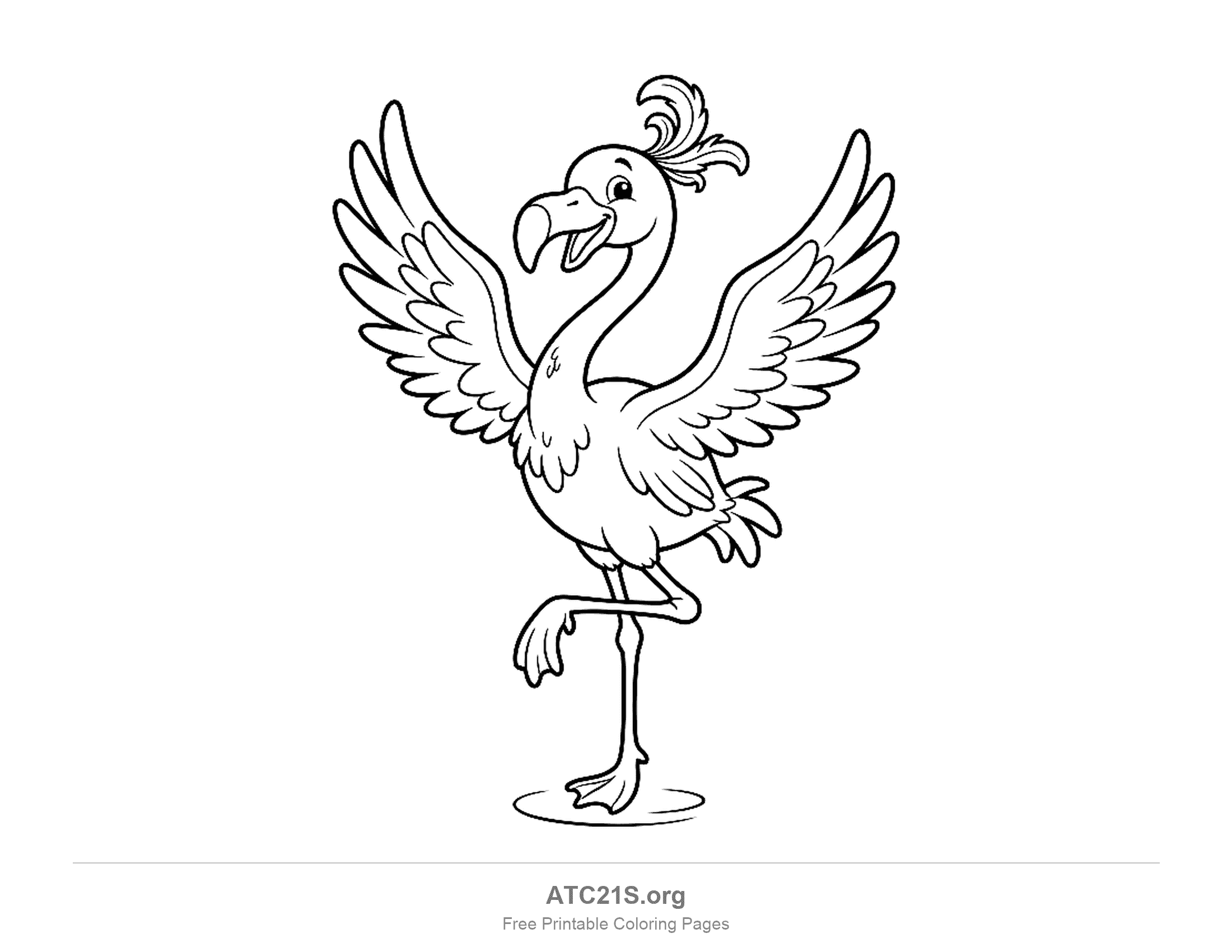 Cute cartoon flamingo dancing on one leg with both wings raised, a tuft of feathers on its head and a smiling open beak, simple coloring page for preschoolers