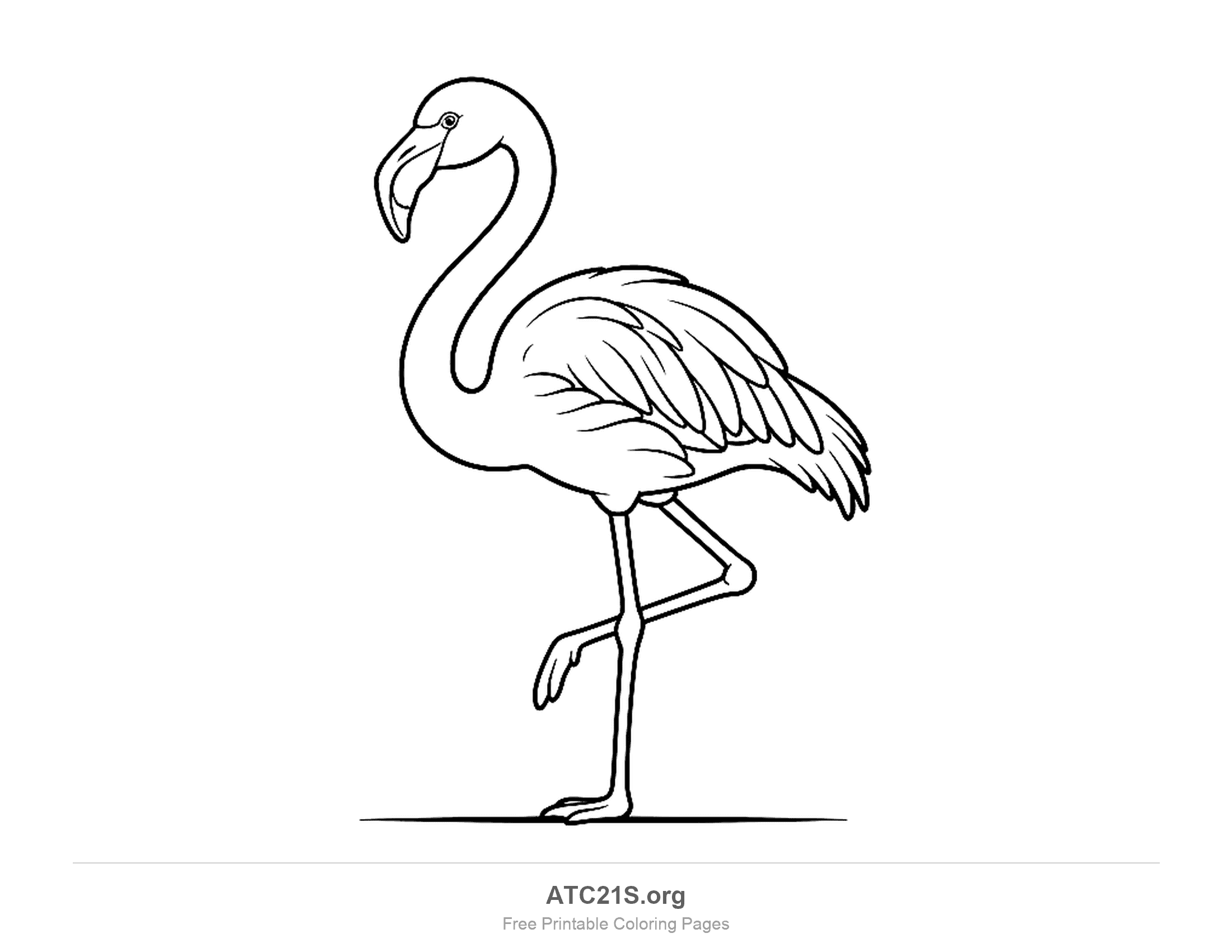 Flamingo standing on one leg in side view with a curved S-shaped neck and layered wing feathers, printable coloring page