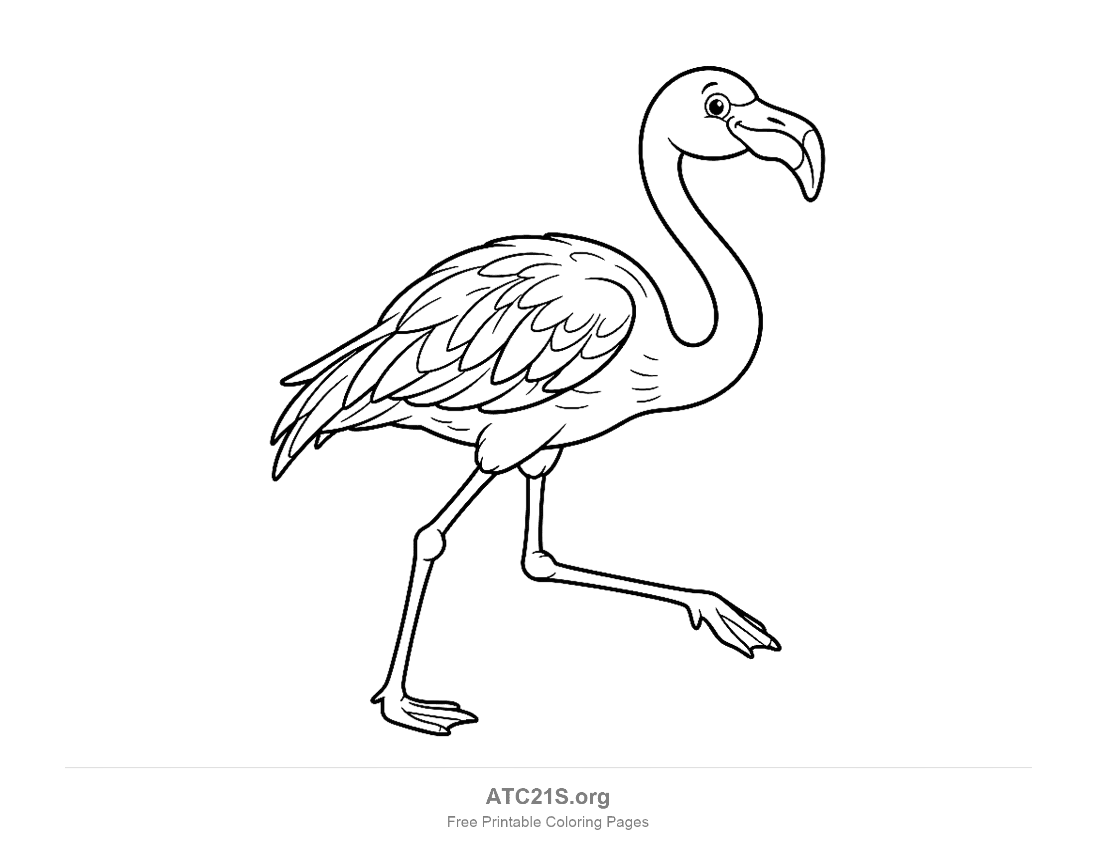 Flamingo walking with one leg lifted in a long stride, a curved neck and folded wings, coloring page to print