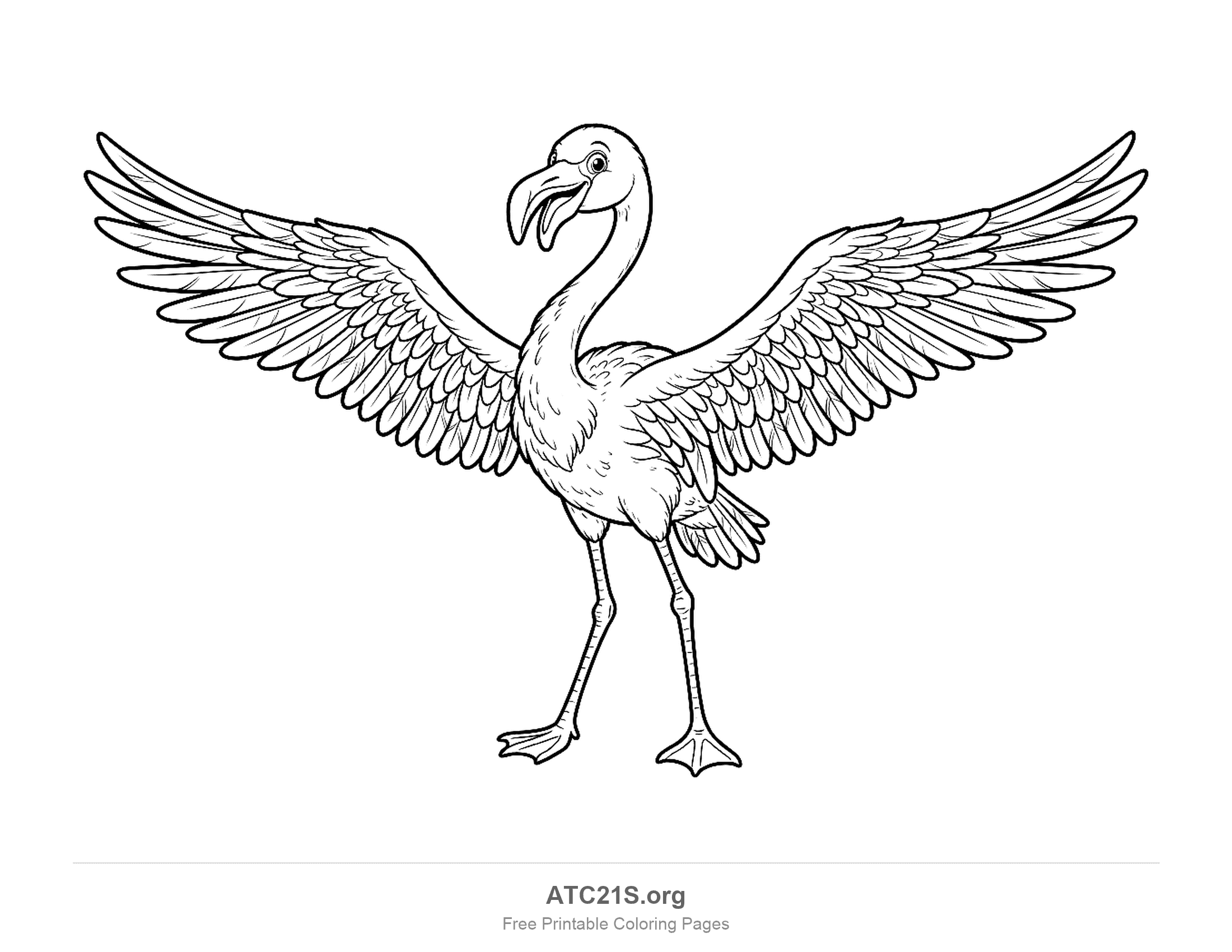 Flamingo standing with both wings fully spread and every flight feather drawn in, detailed coloring page for older kids