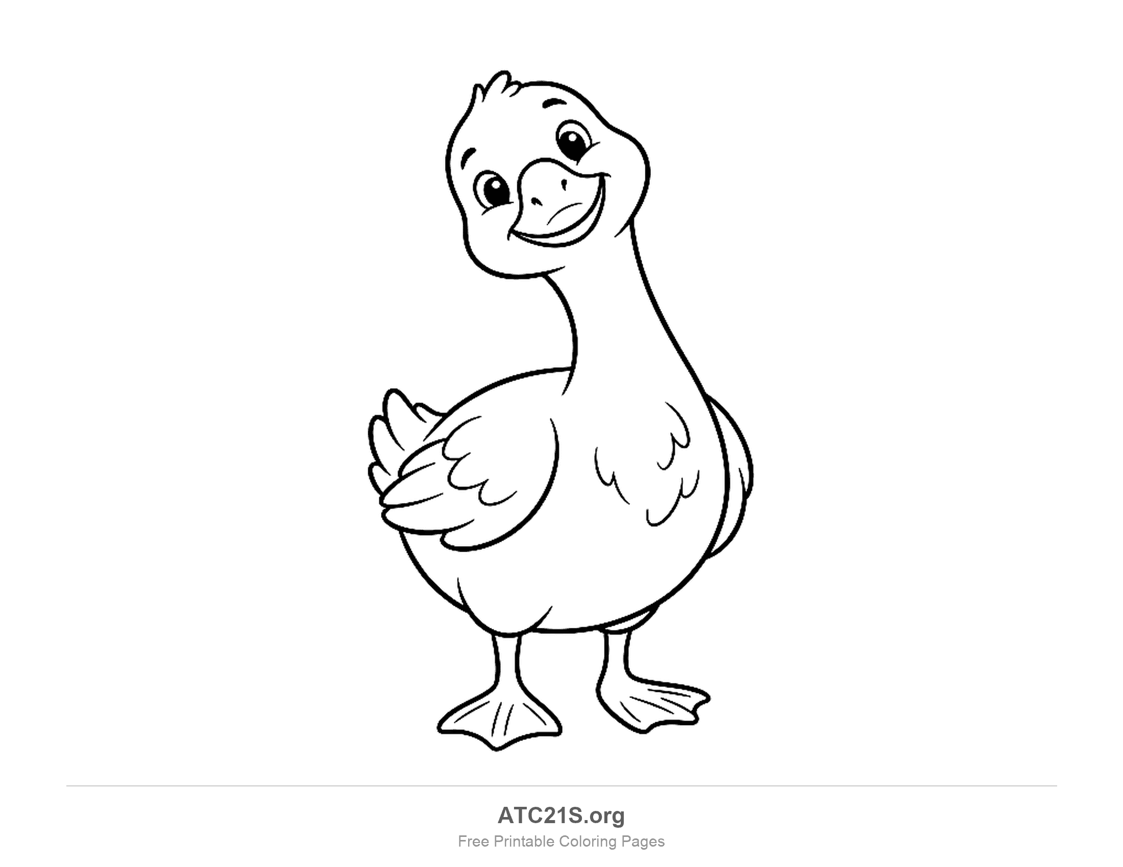 Cute cartoon goose standing with its head tilted, a big smile, a tuft of feathers and webbed feet, simple coloring page for preschoolers