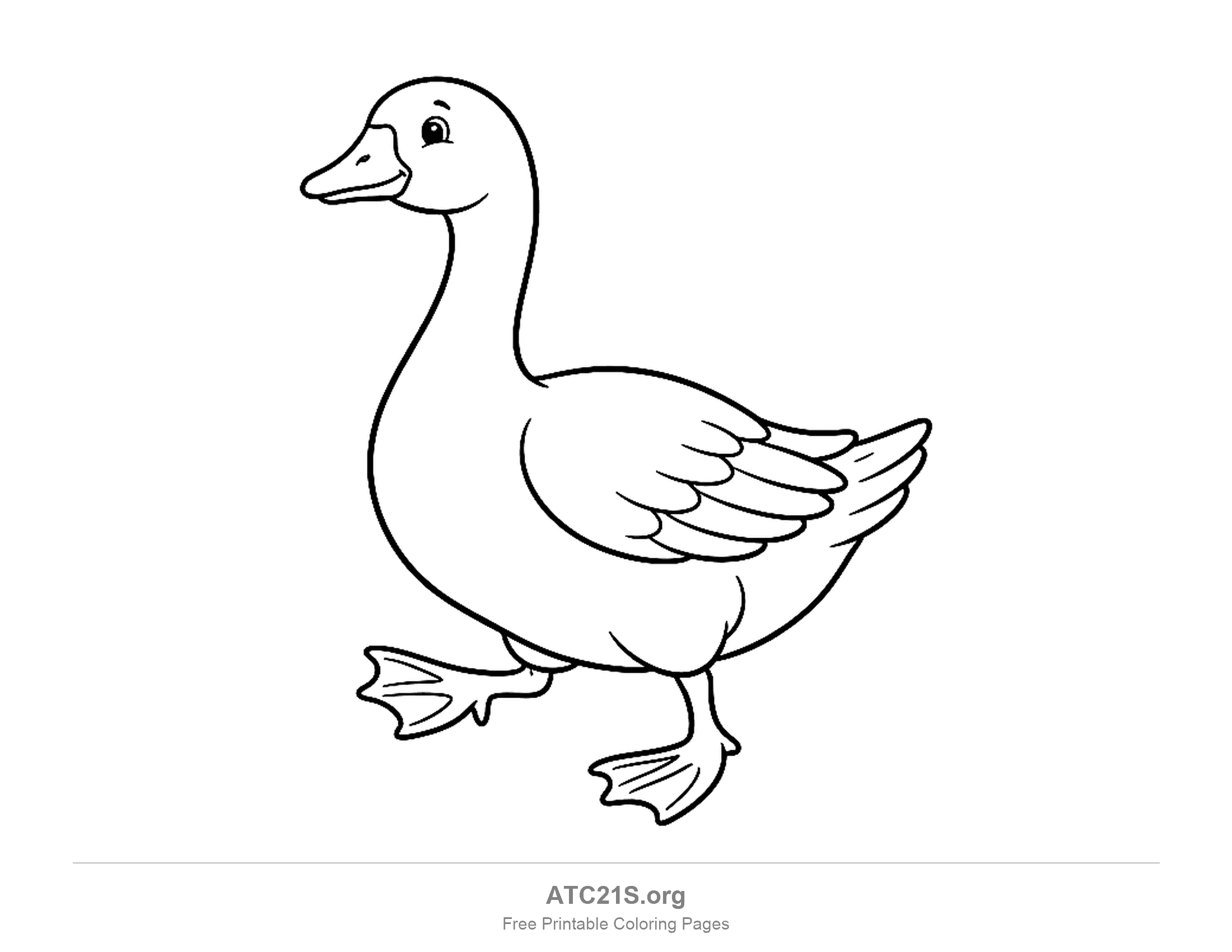 Goose walking in side profile with one webbed foot lifted and a folded wing, coloring page