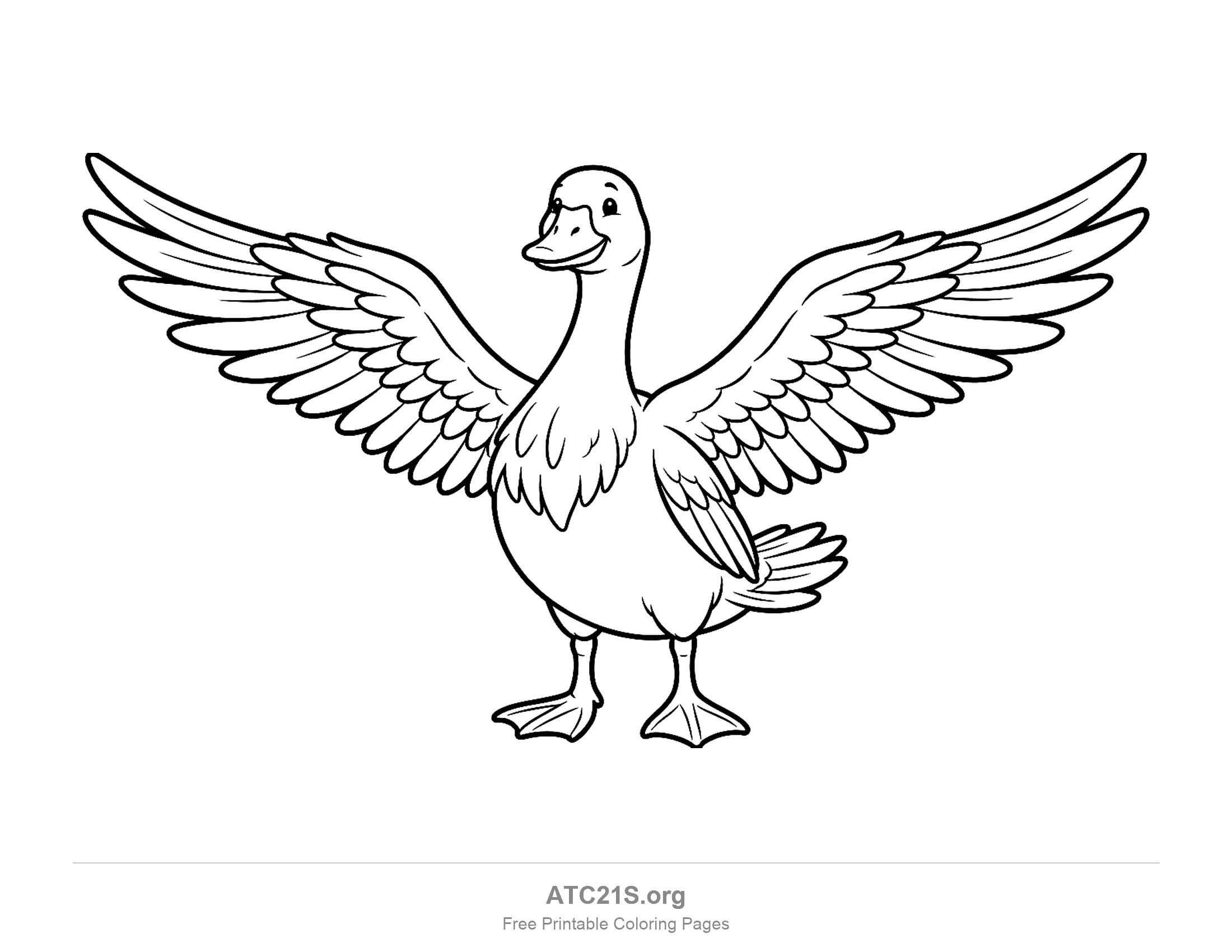Goose standing with both wings fully spread and individual flight feathers drawn in, detailed coloring page for older kids