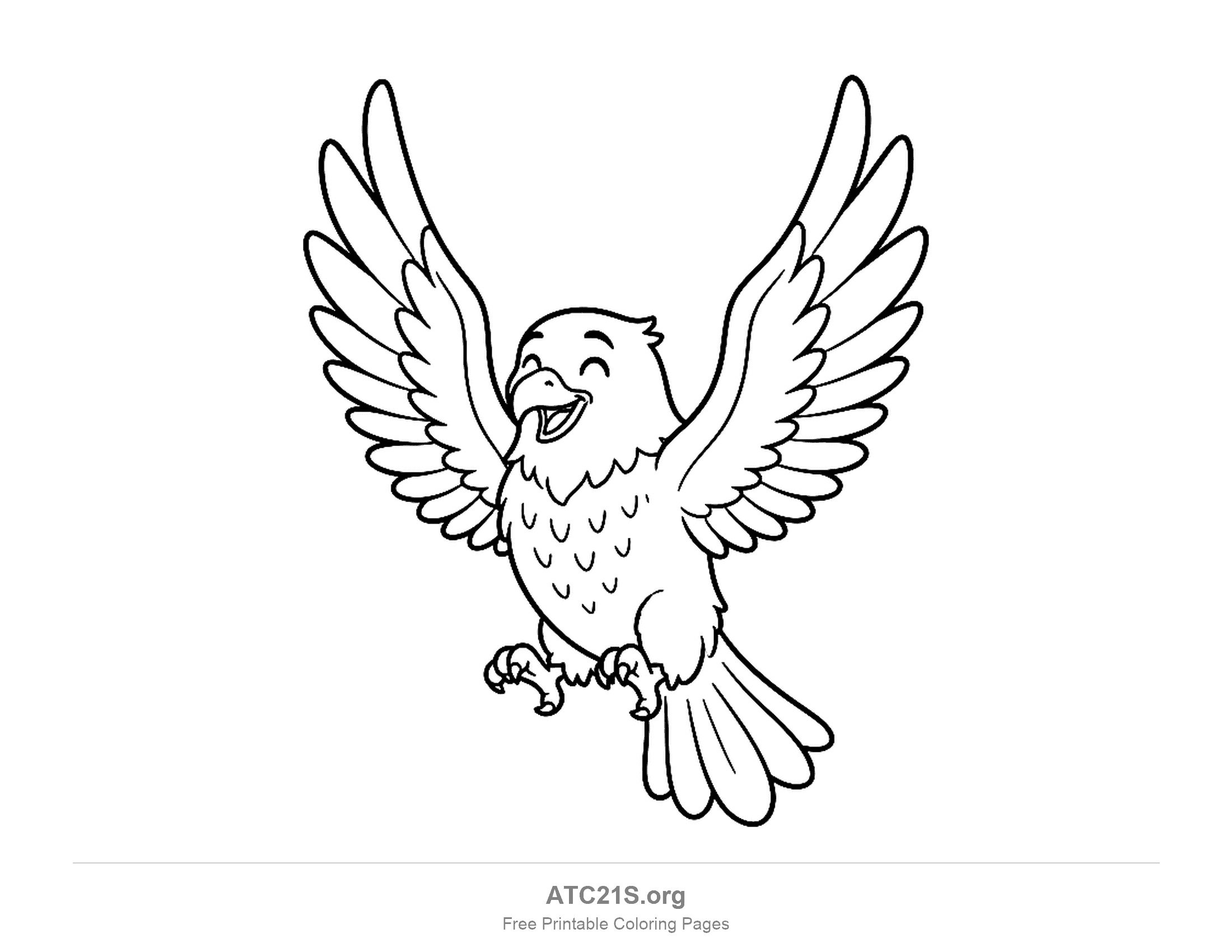 Happy cartoon hawk flying with both wings raised high, closed smiling eyes and scalloped chest feathers, printable coloring page