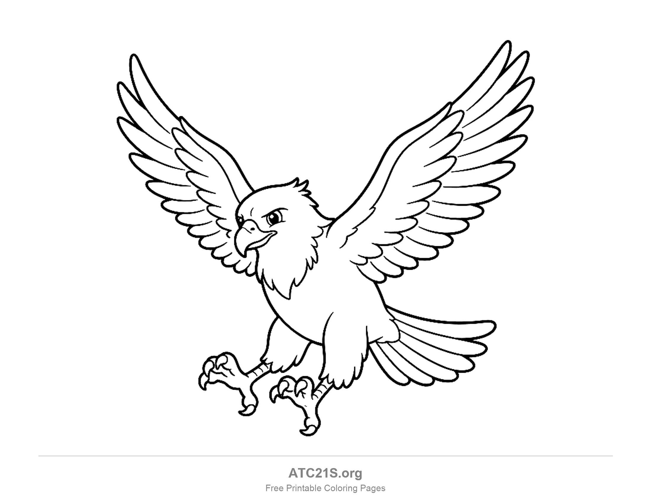 Cartoon hawk swooping in to land with both wings spread and open talons reaching forward, coloring page to print