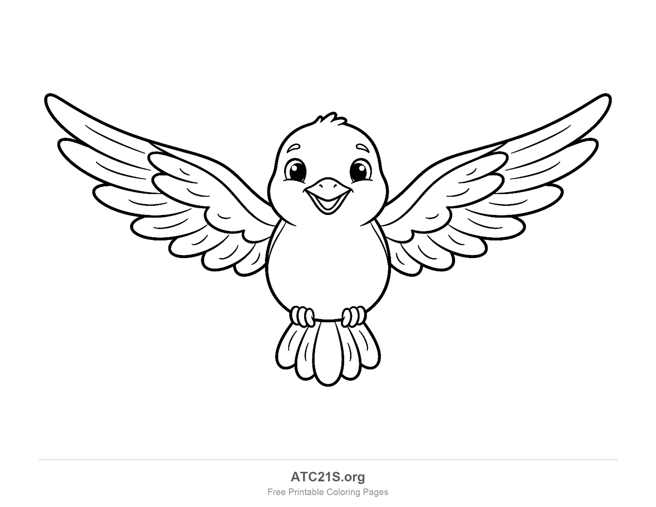 Cute smiling hummingbird facing forward with both wings spread wide, big eyes and a round empty belly, simple coloring page for preschoolers