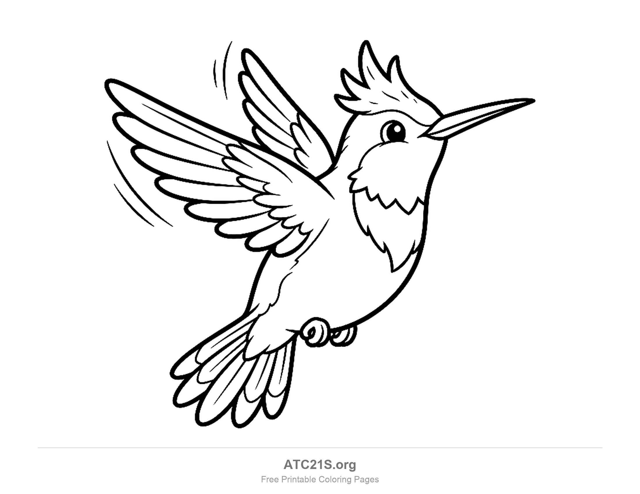 Crested hummingbird hovering with a pointed crown, a scalloped throat patch and motion lines on the wings, coloring page