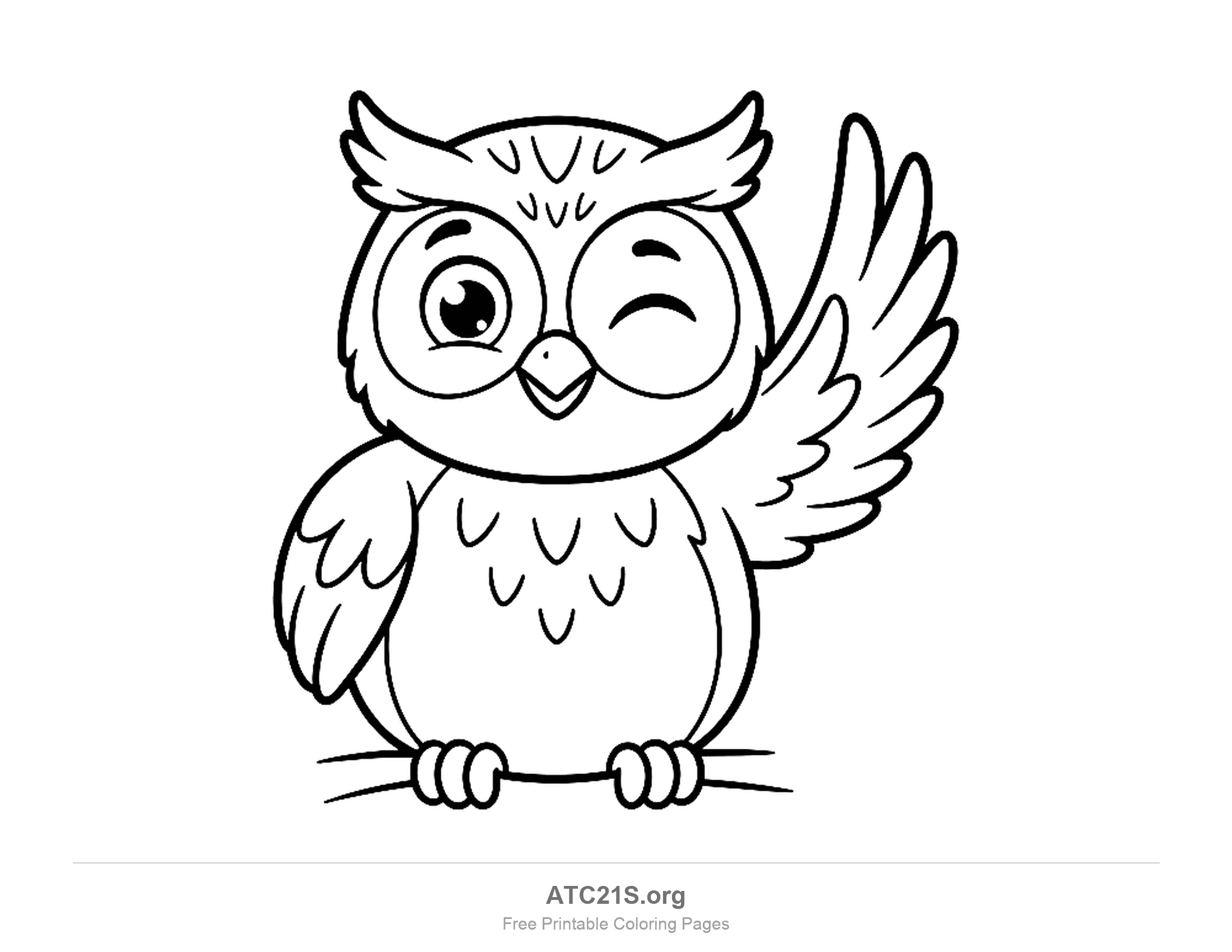 Cute cartoon owl winking and waving one wing while perched on a branch, simple coloring page for preschoolers