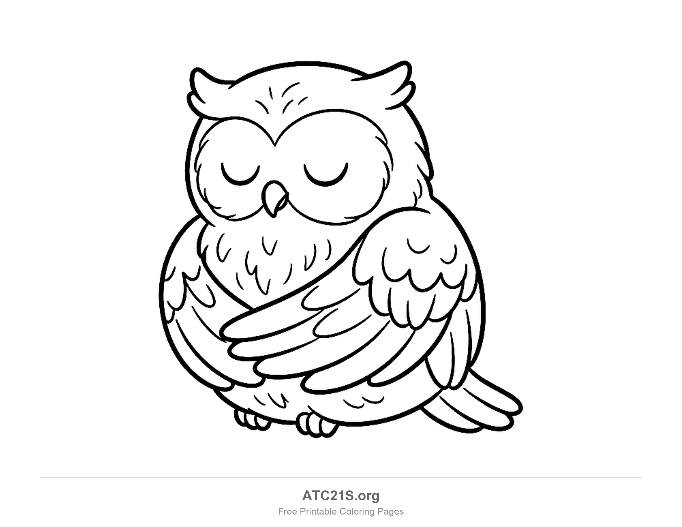 Sleeping cartoon owl with closed eyes and wings folded around itself, easy coloring page for kids