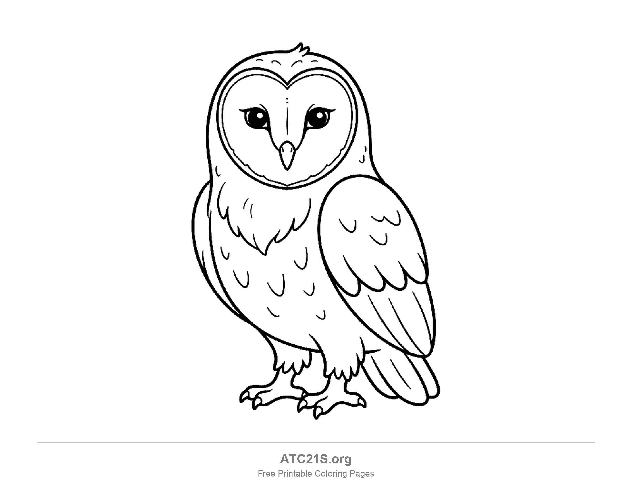 Barn owl standing with a heart-shaped face and folded wings, printable coloring page