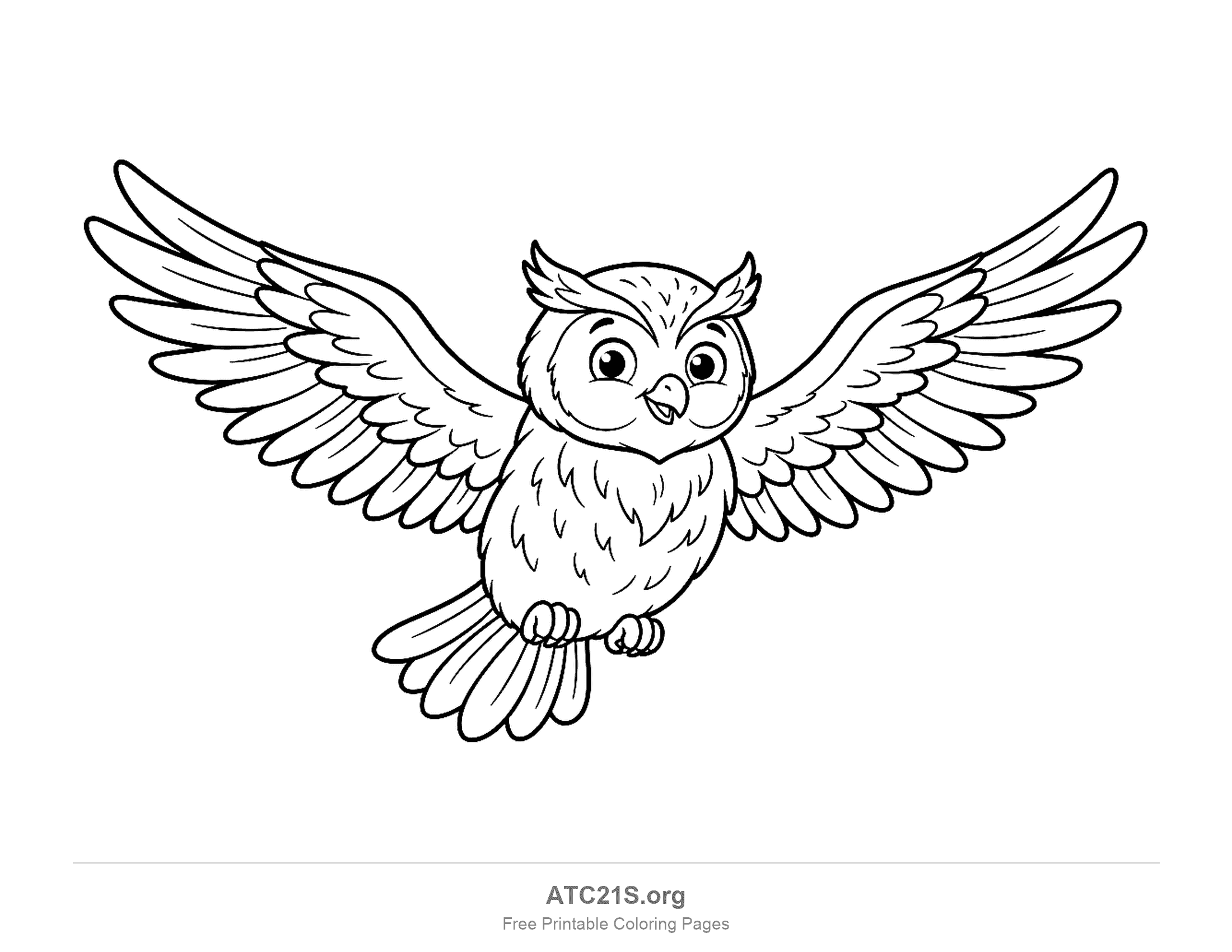 Cute cartoon owl flying with both wings spread wide and a smile, coloring page