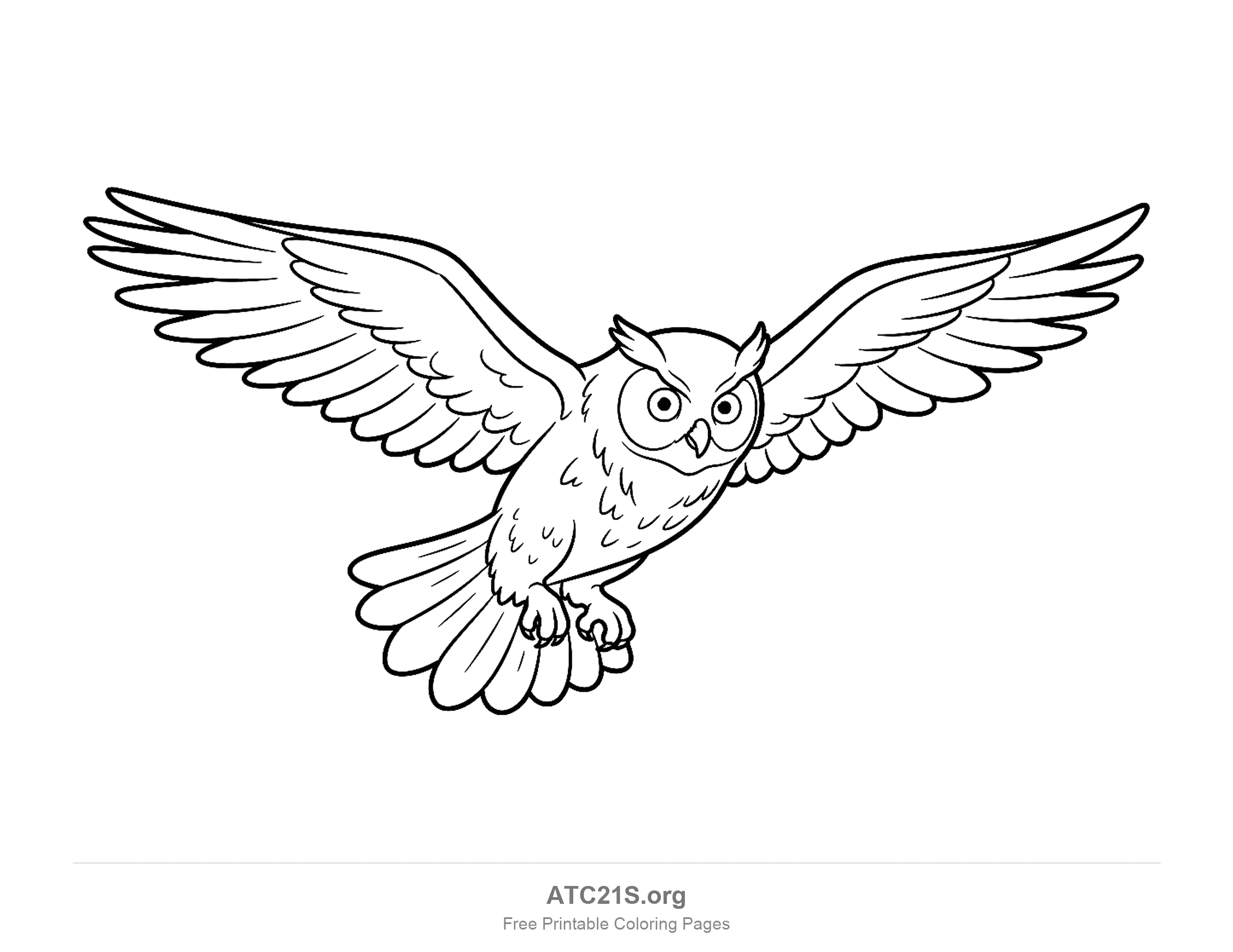 Owl swooping in flight with wings stretched out and talons reaching forward, detailed coloring page