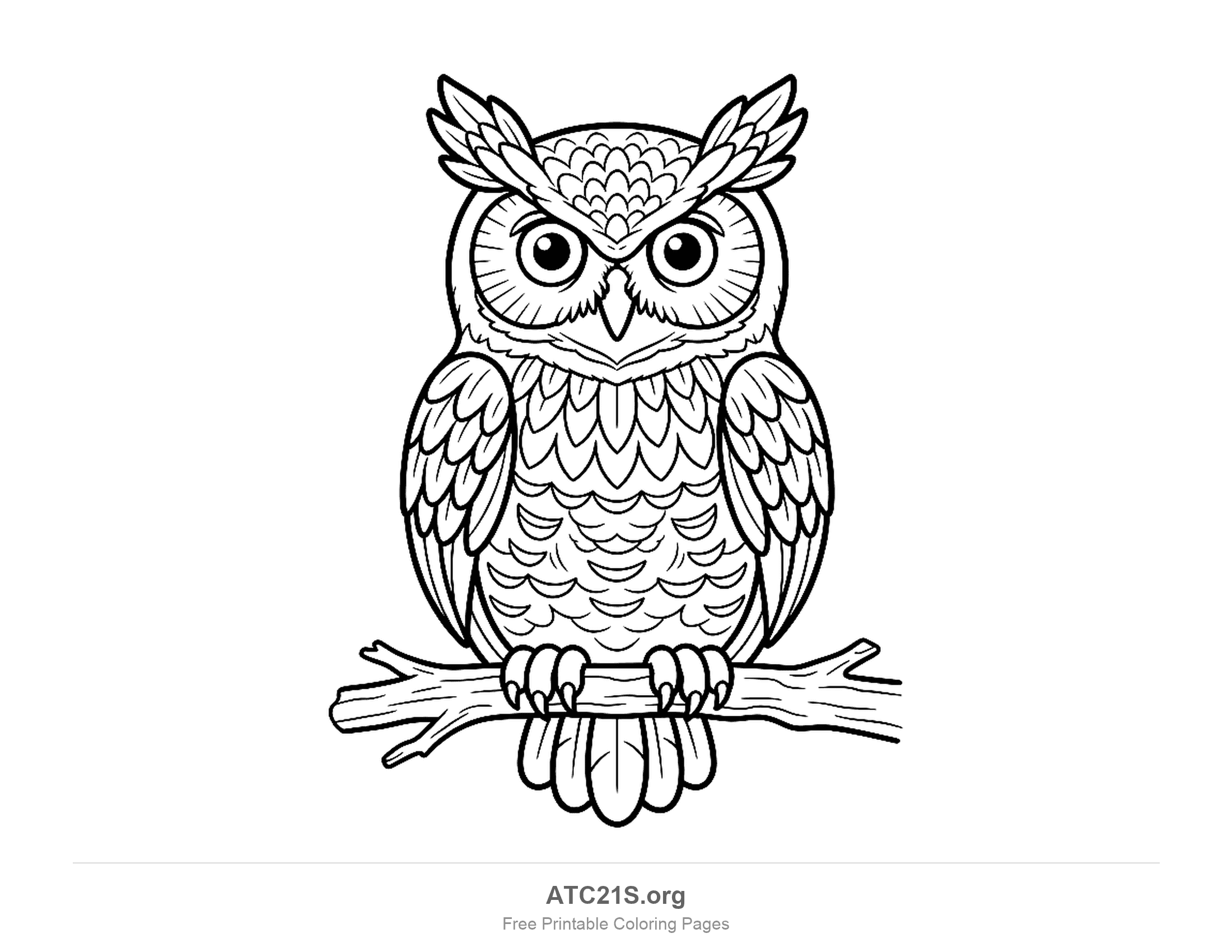 Detailed great horned owl perched on a branch with scaled chest feathers and tall ear tufts, coloring page for older kids