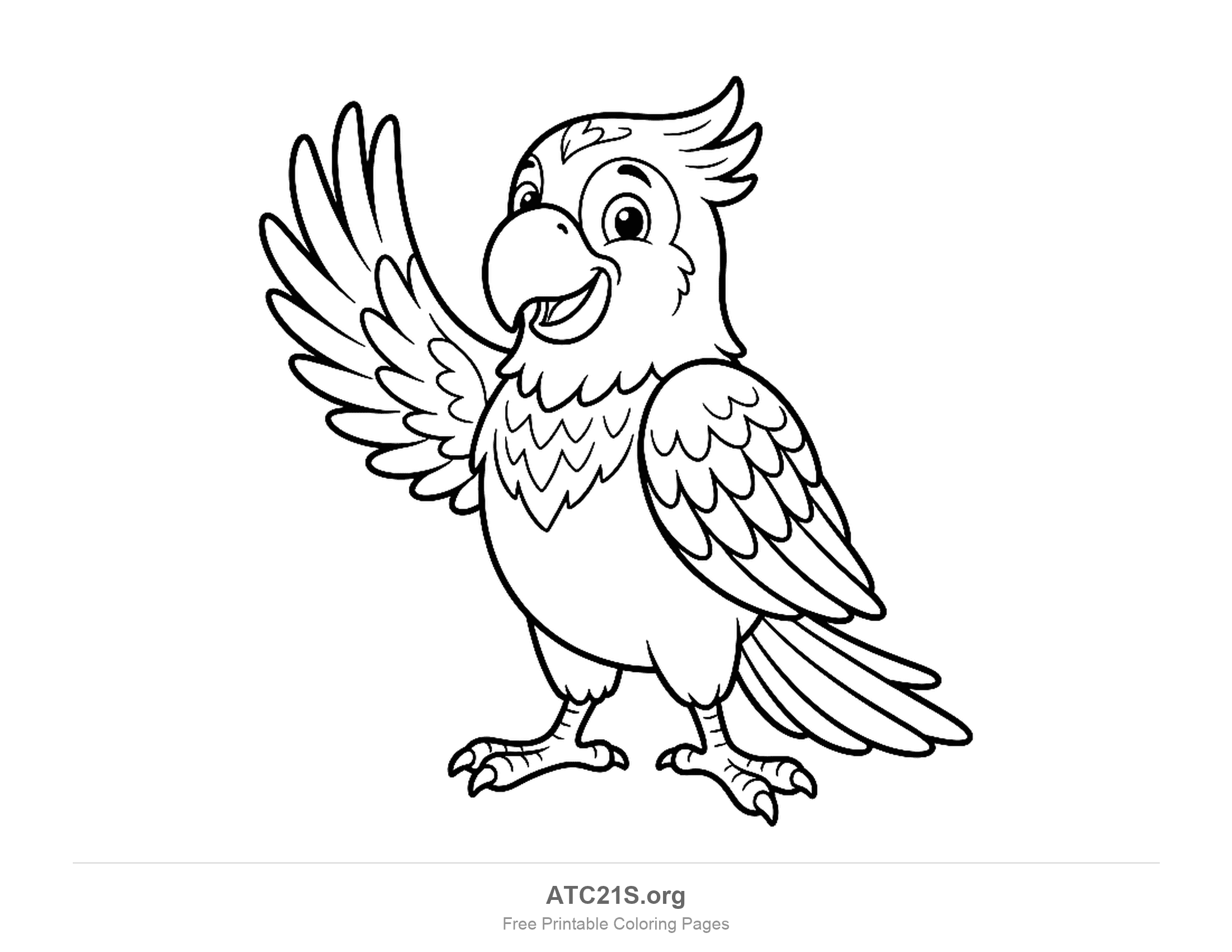 Smiling cartoon parrot standing and waving one wing, with a small crest and layered wing feathers, printable coloring page