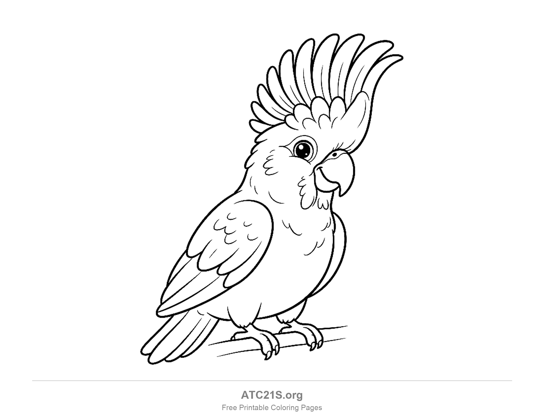 Parrot perched on a branch looking to the side with a tall raised fan crest, coloring page to print