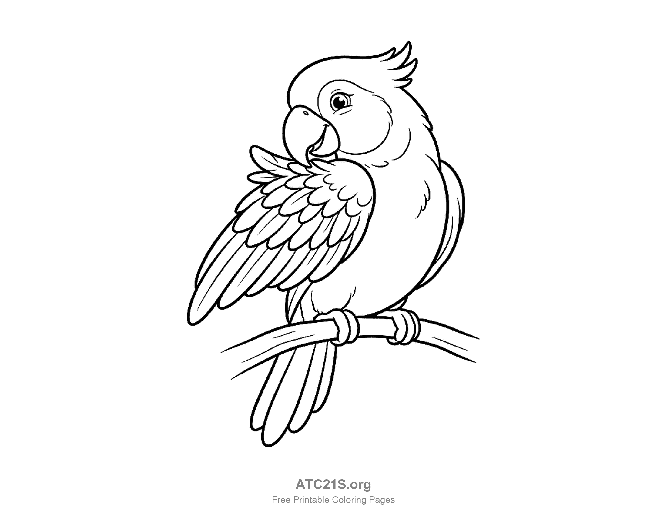 Parrot perched on a branch preening, holding a wing up to its beak, coloring page