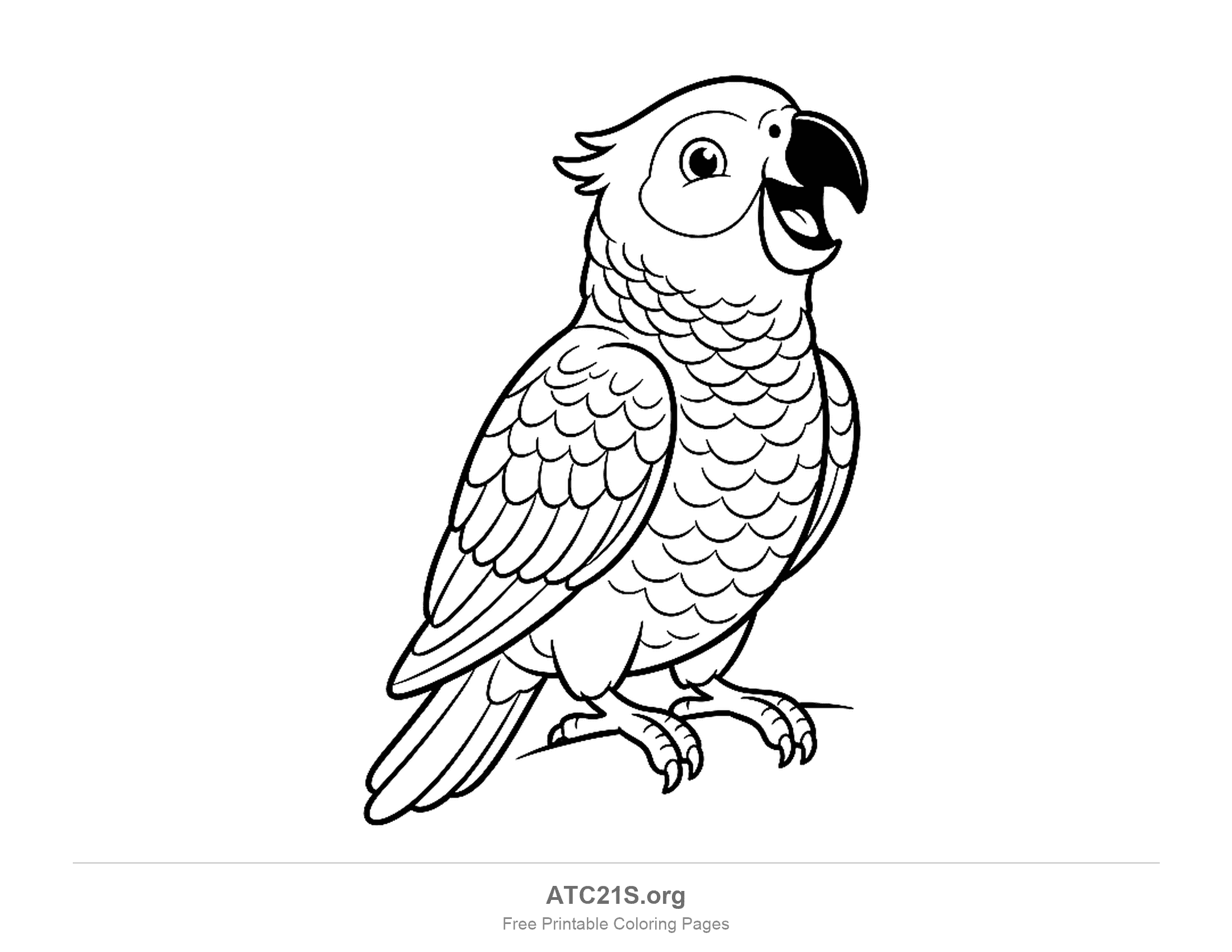 Parrot standing with its beak open as if talking or singing, body covered in overlapping scalloped feathers, detailed coloring page for older kids