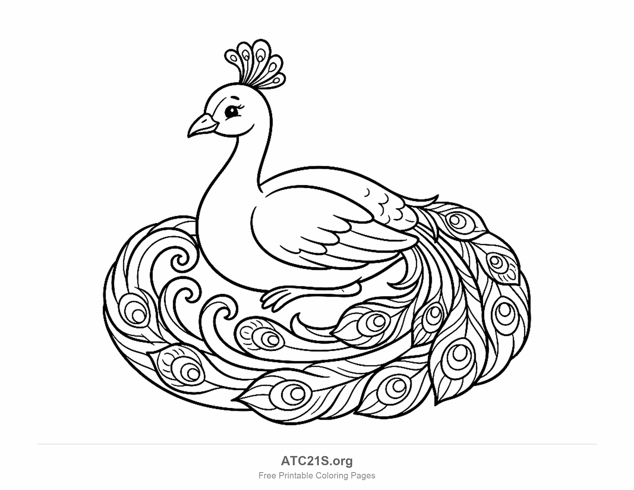 Cute cartoon peacock sitting with its train curled around it in decorative swirls and eyespot feathers, simple coloring page for preschoolers